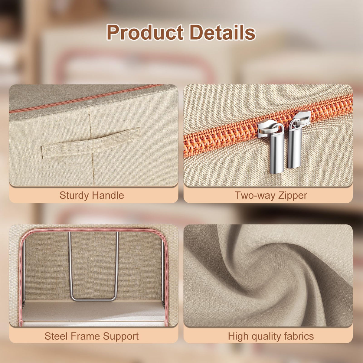 Douzi 2 Pack Clothes Storage Boxes Closet Organizers and Storage, Foldable Cloth Steel Frame Box for Storing Bedding,Blankets-Khaki-66L - image 3