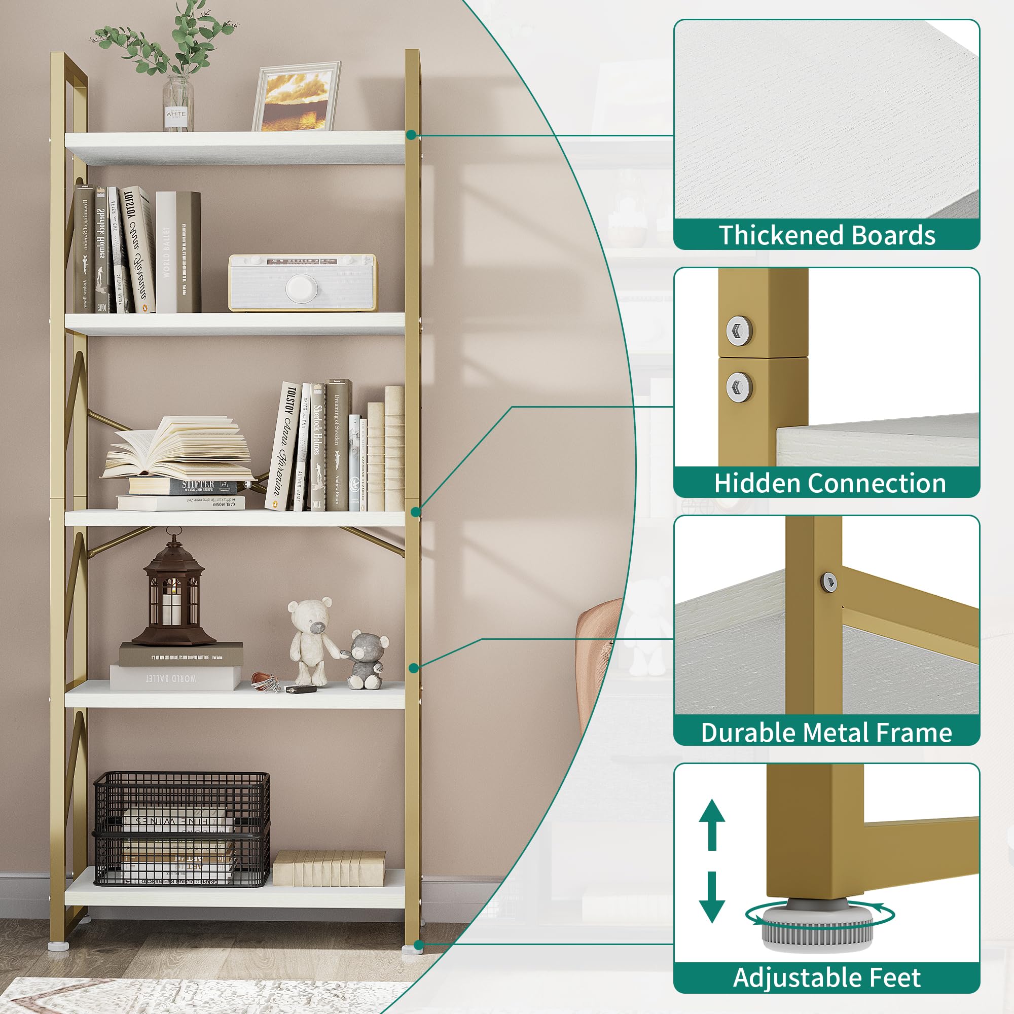YITAHOME 5-Tier Industrial Bookcase | Gold Metal Frame Storage Shelf