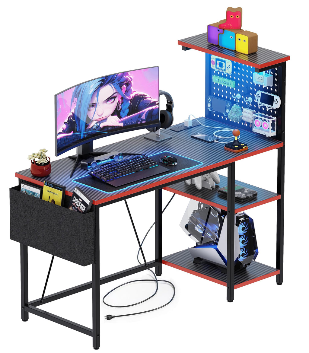 Xyphren Gaming Desk with Pegboard & Power Outlet & LED Light, Small Computer Desk with Reversible Shelves for Corner Home Office Desk, 140 * 50cm - image 1