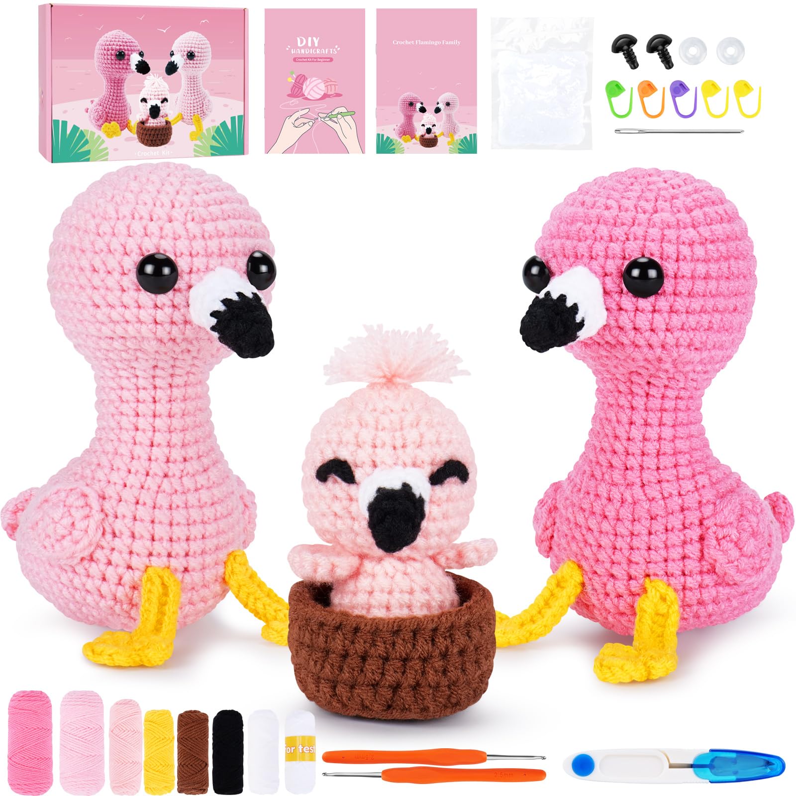 Flamingo Crochet Kit for Beginners – 3pc Animal Starter Set