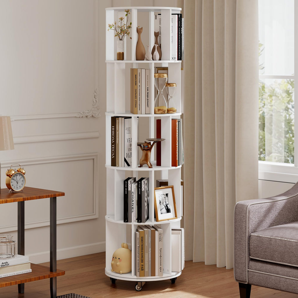 Turosur 5-Tier Rotating Bookshelf, 360° Revolving Bookcase Floor Standing - image 1