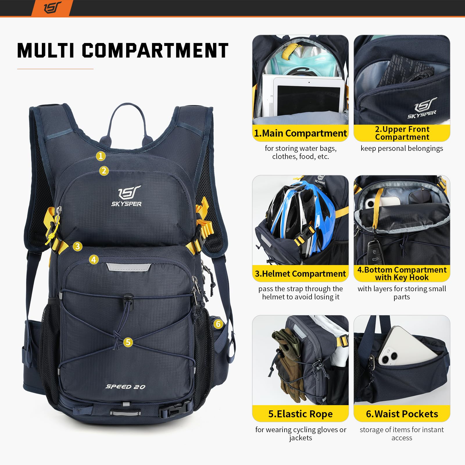 SKYSPER 20L Cycling Backpack | Lightweight Hiking & Biking Rucksack - Navy