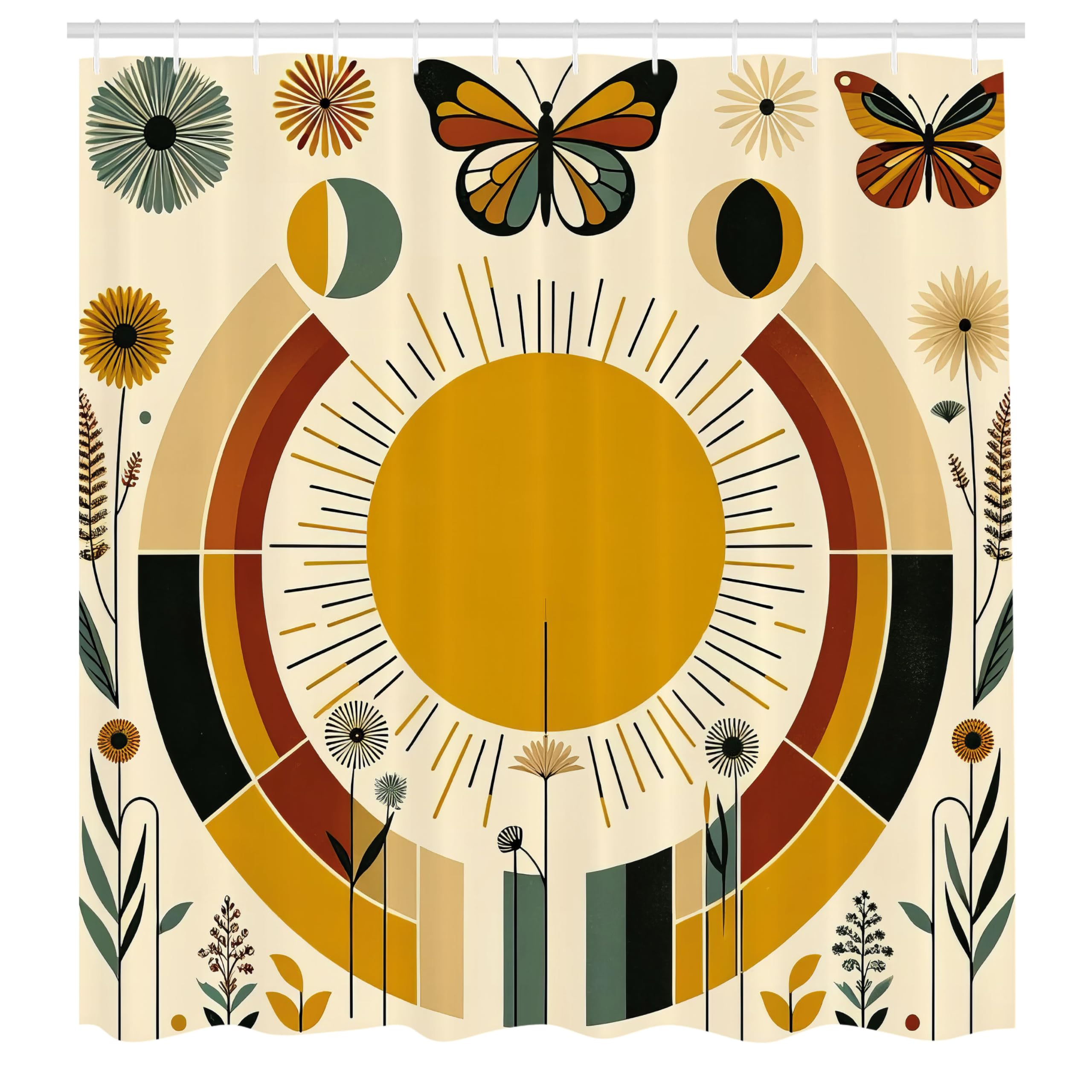 ABAKUHAUS Boho Sun Moth Shower Curtain – Waterproof Fabric Bathroom Decor