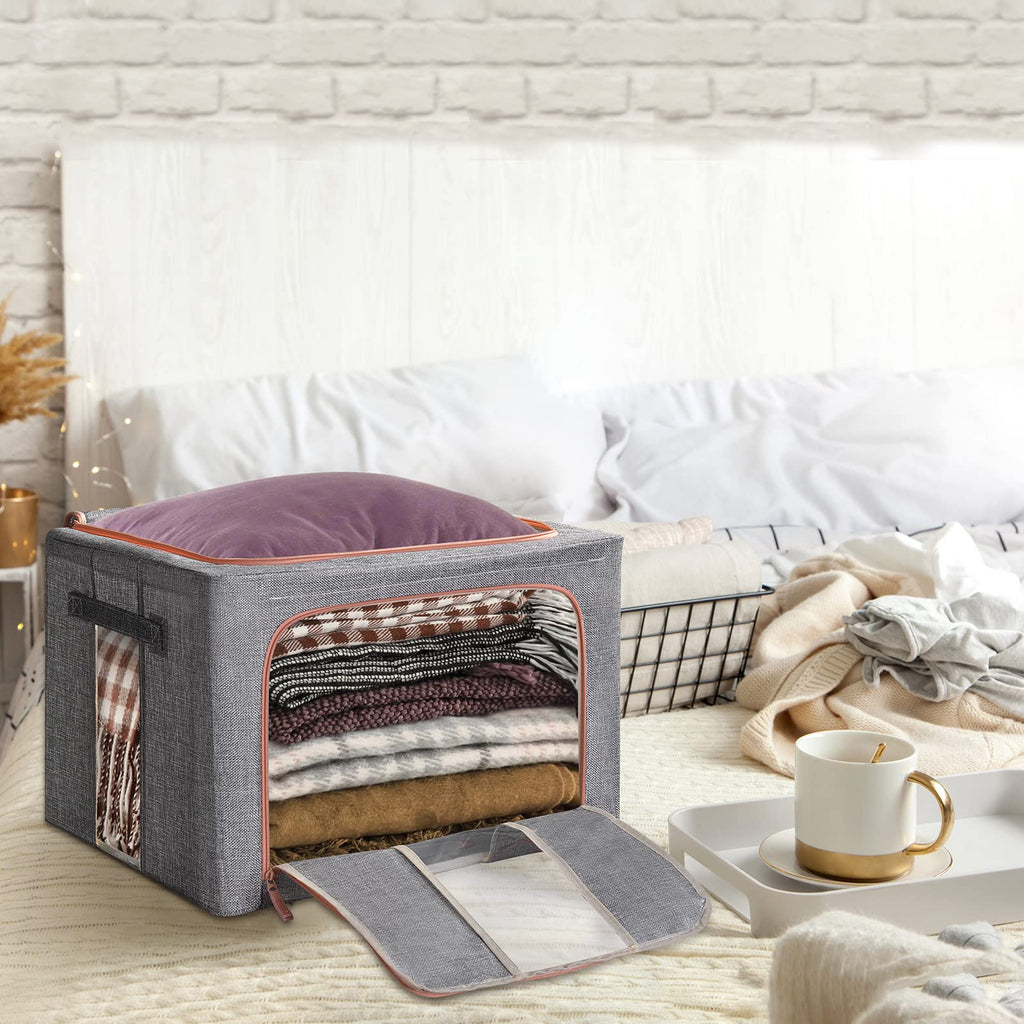 66L Steel Frame Storage Box – Stackable Cotton Linen Bin (3-Pack)