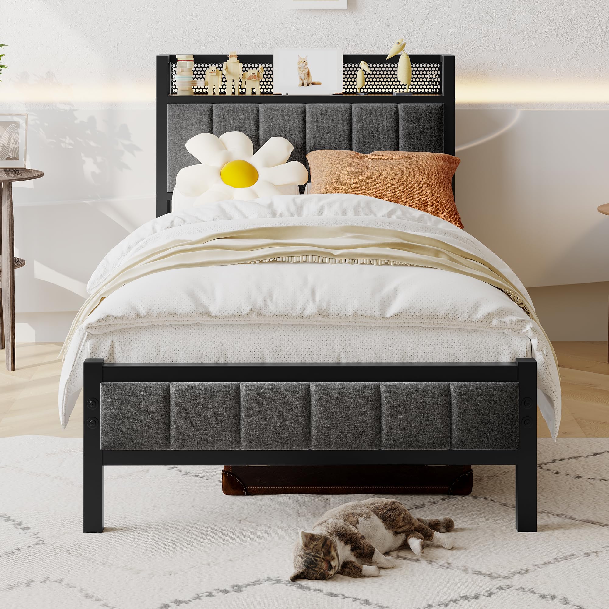 BORPHOM 3ft Single Metal Bed Frame with Storage Headboard - Grey Linen