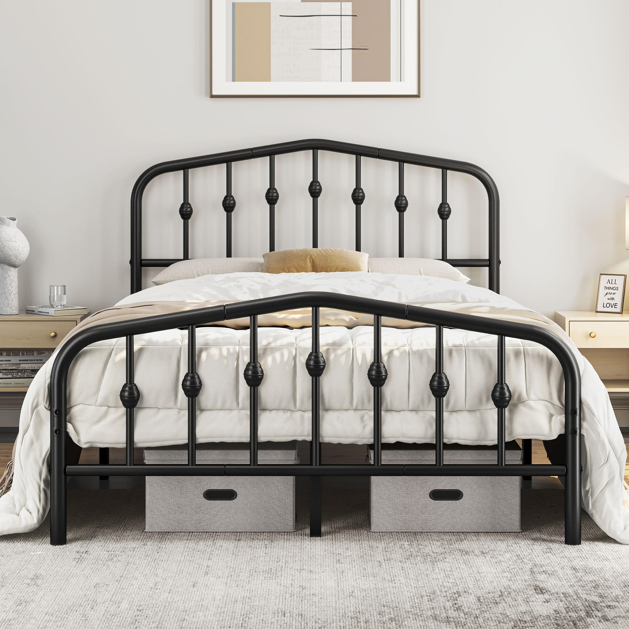 Yaheetech 4ft6 Double Metal Bed Frame with Spindle Headboard - Black