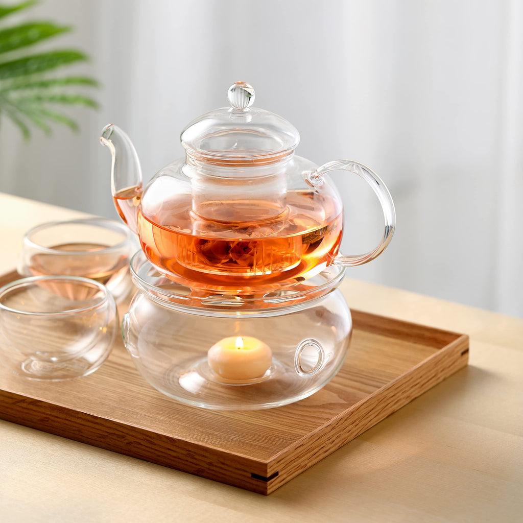 CnGlass 1000ml Glass Teapot with Infuser, 4 Teacups & Warmer Set
