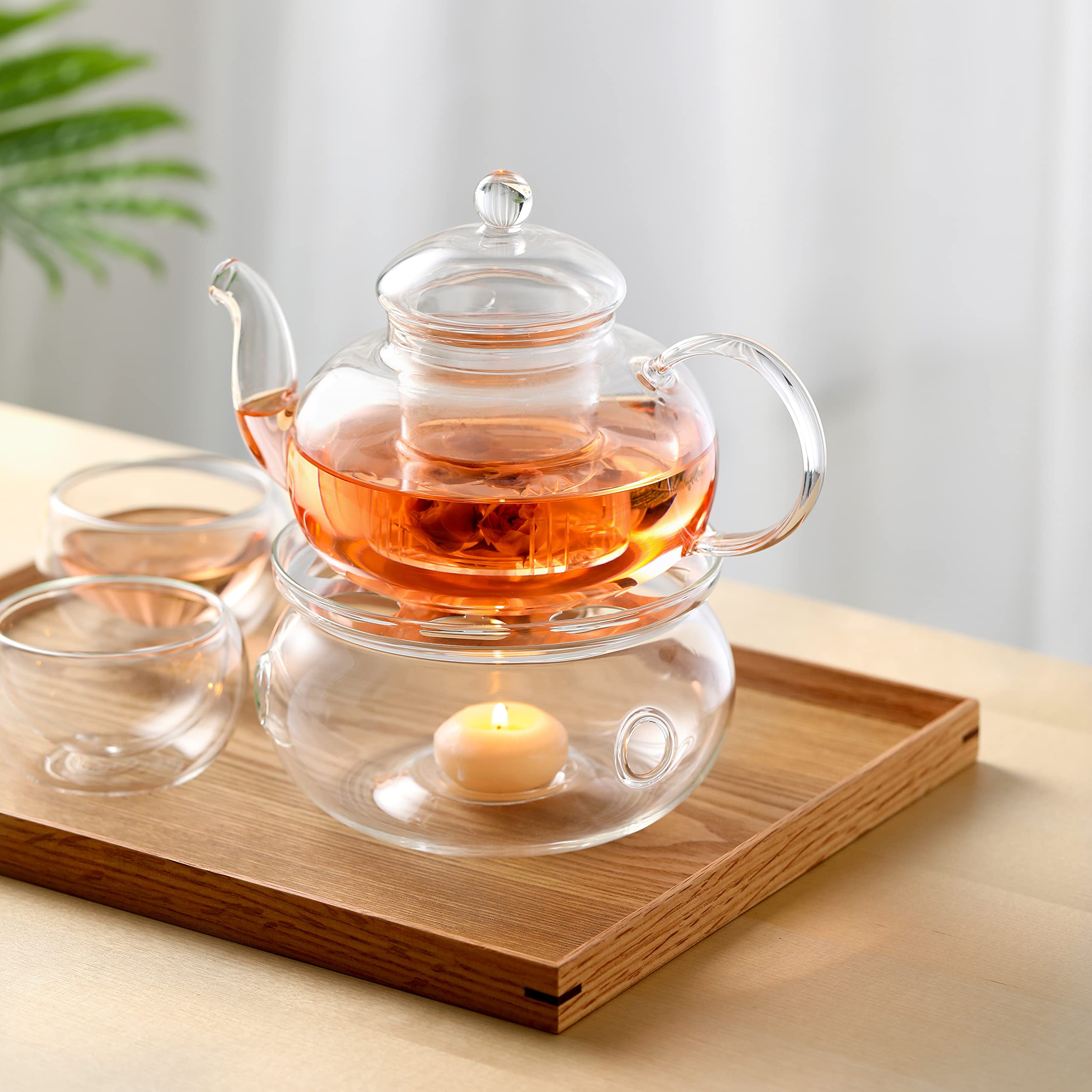 CnGlass 1000ml Glass Teapot with Infuser, 4 Teacups & Warmer Set