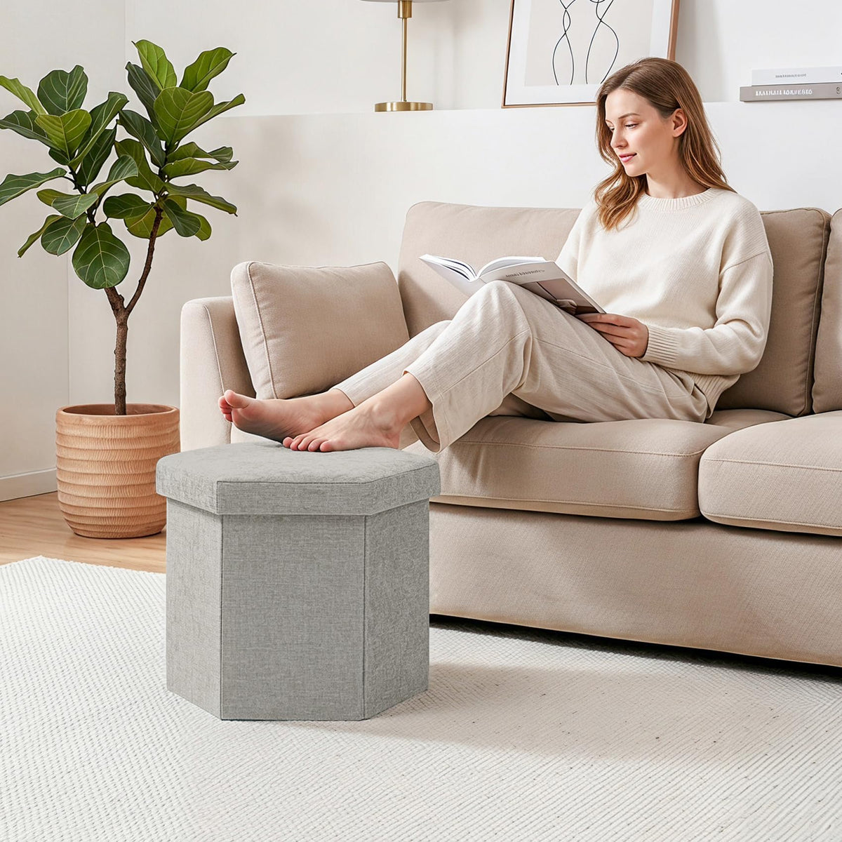PINPLUS Chenille Ottoman Storage Box, Hexagonal Folding Stool, Silver Grey