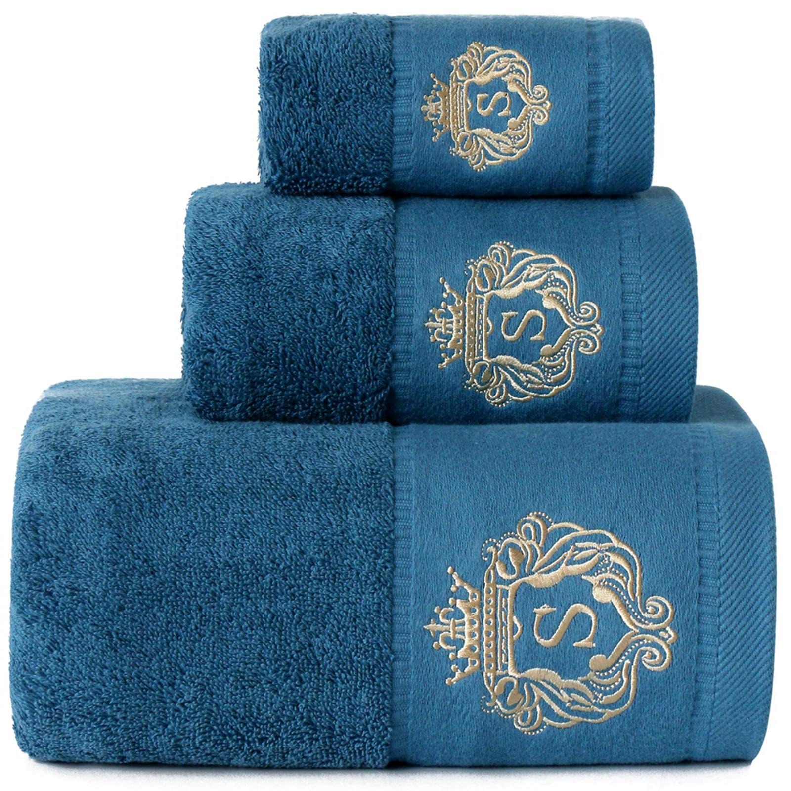 Jolof Store 3-Piece Cotton Bath Towel Set – Luxury Embroidered Blue