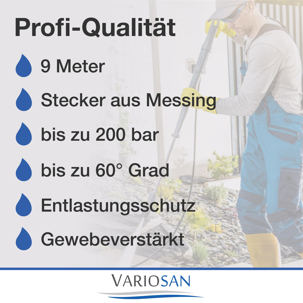 VARIOSAN 9m High Pressure Hose for Kärcher K2-K7 | 200 Bar Quick Connect