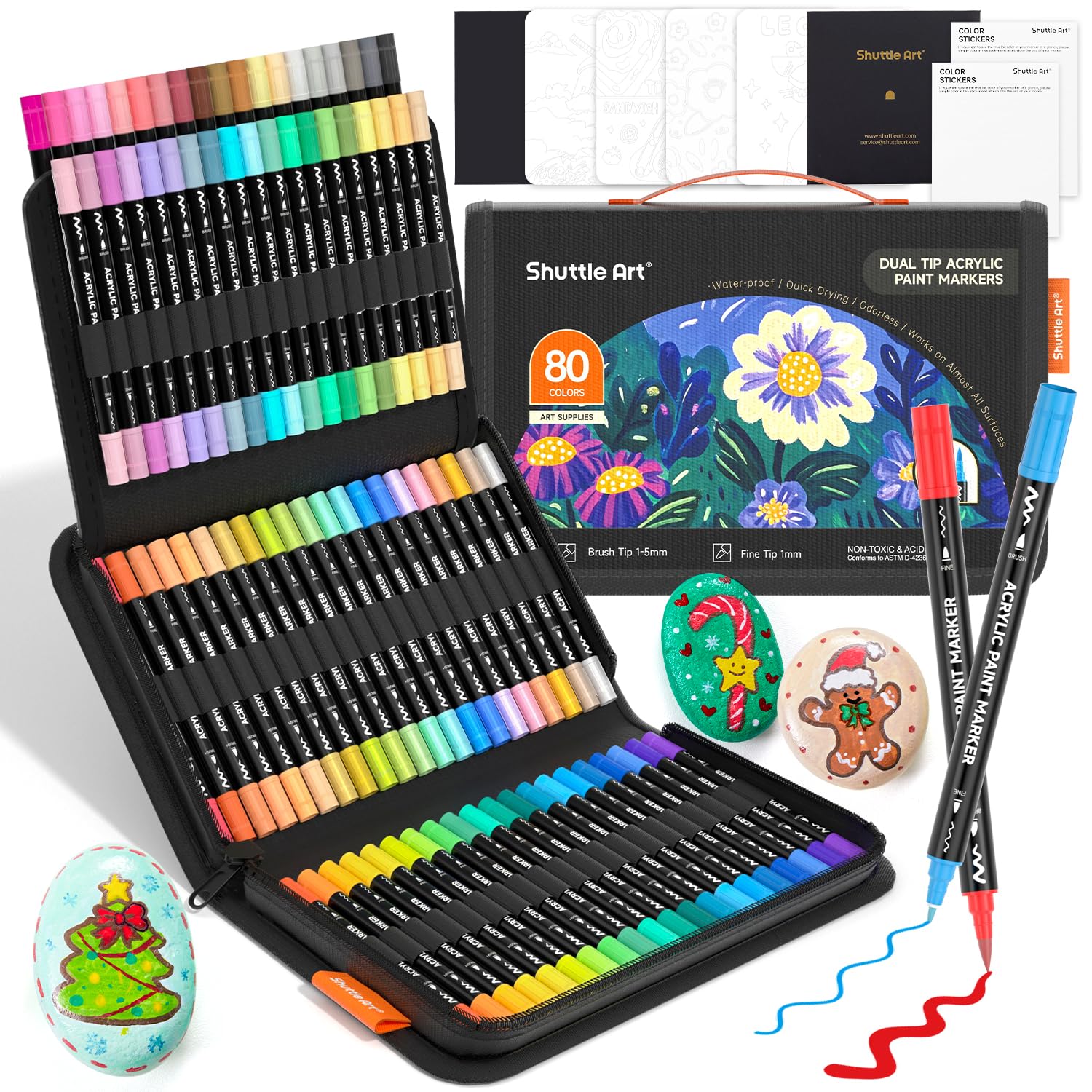 Shuttle Art 80 Colors Acrylic Paint Pens | Dual Tip Fine & Brush Markers