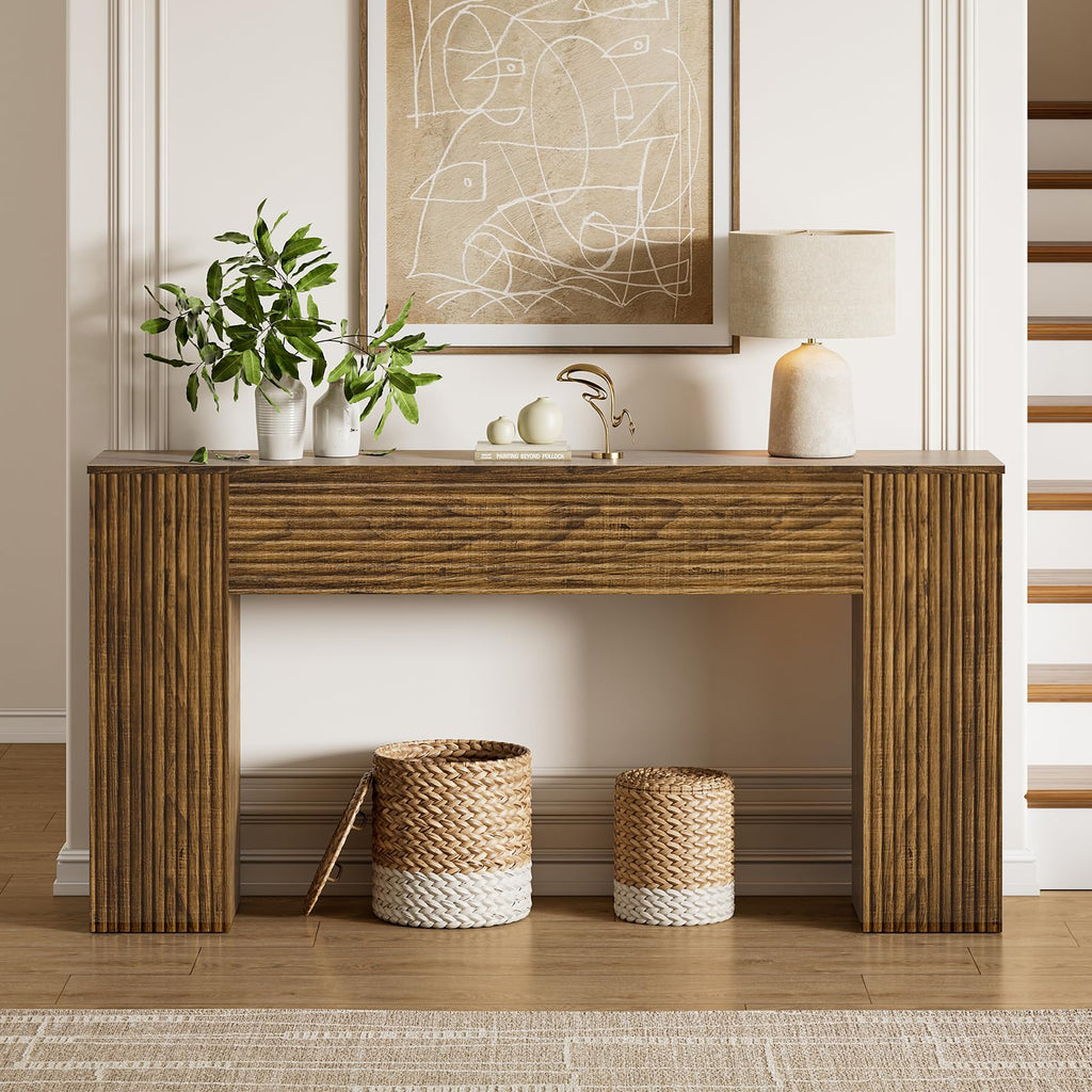 Mossora 155cm Brown Fluted Narrow Console Table with Storage Cabinets - image 3