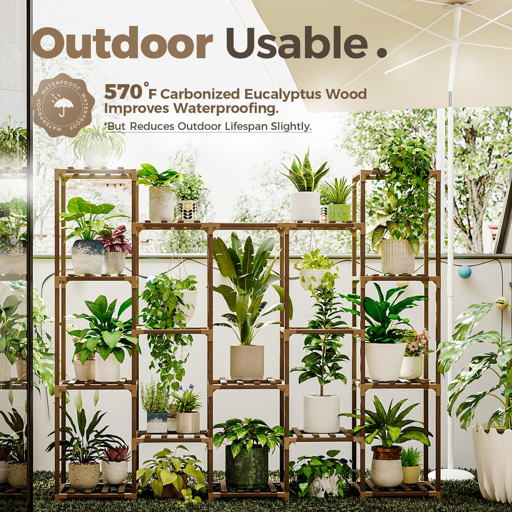 Bamworld 12-Pot Wooden Plant Stand – Large Indoor Outdoor Flower Shelf
