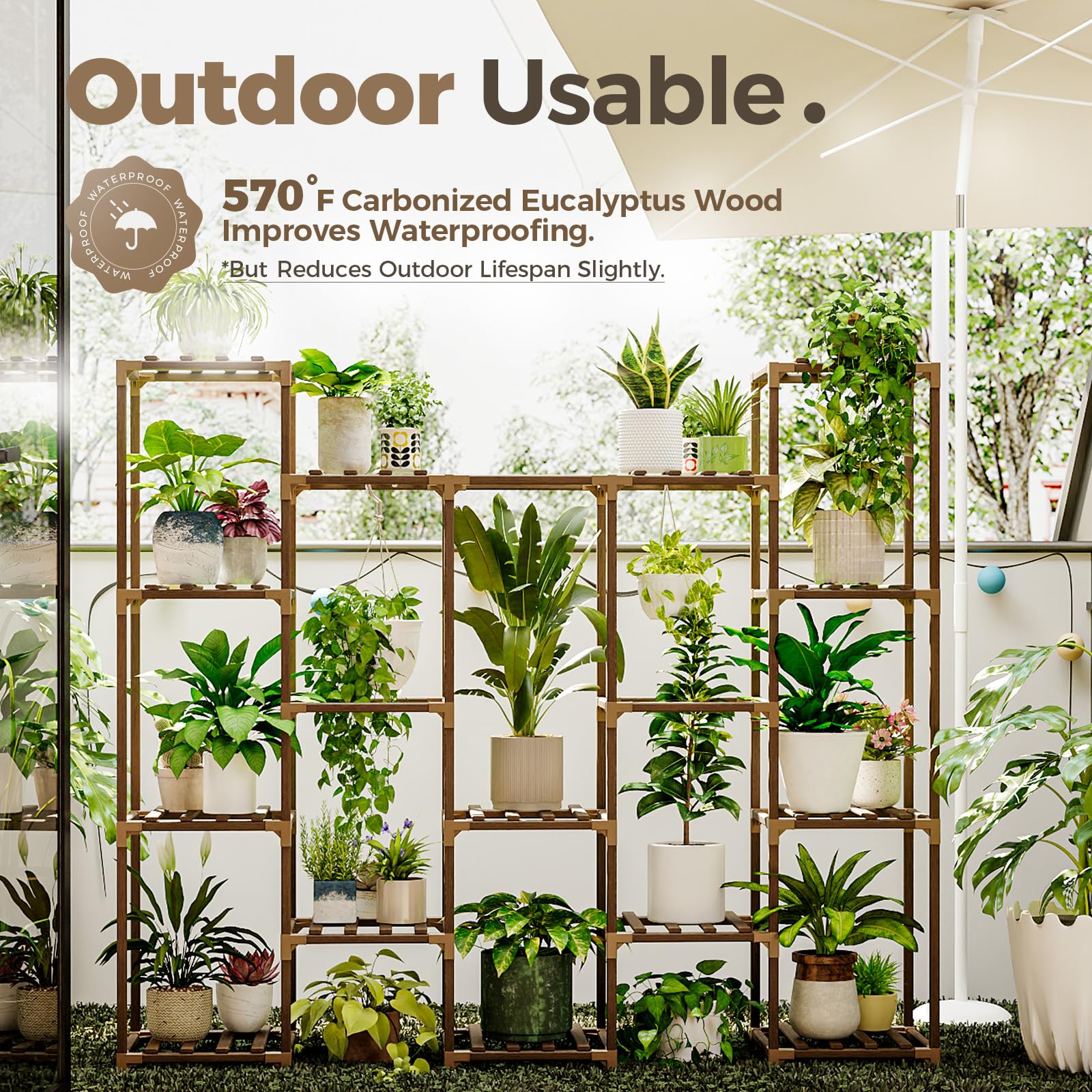 Bamworld 12-Pot Wooden Plant Stand – Large Indoor Outdoor Flower Shelf