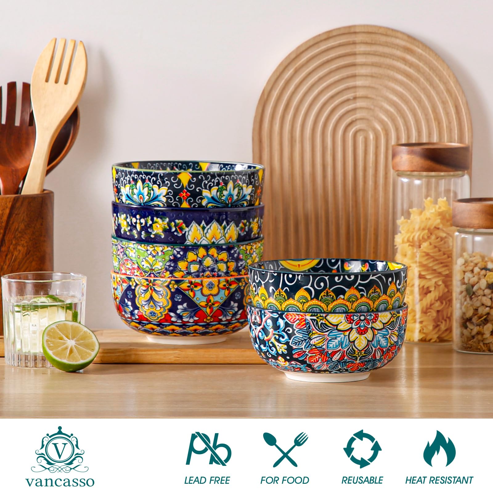 vancasso SIMI 28 oz Ceramic Cereal Bowls – Set of 6 Boho Soup Bowls