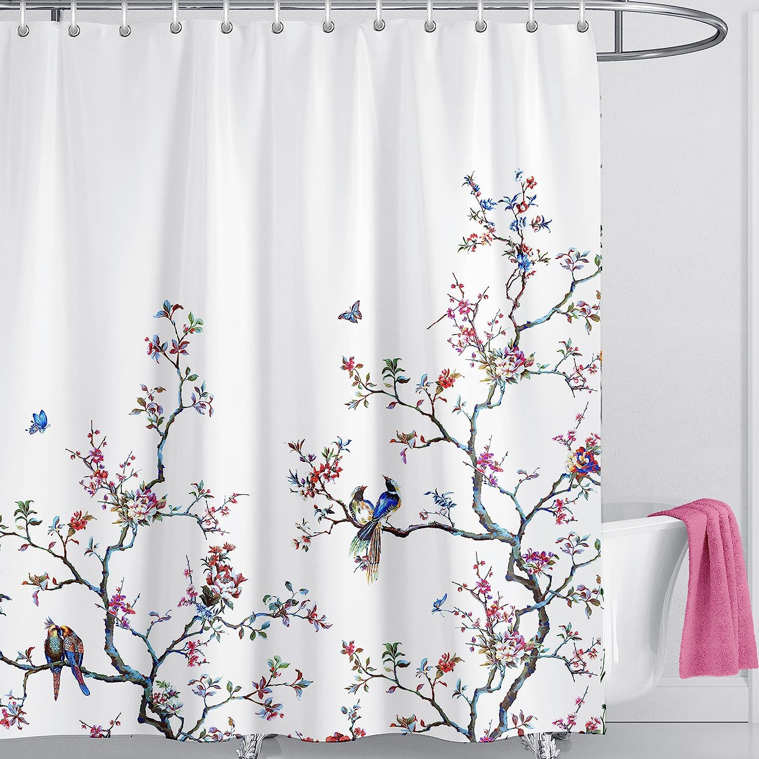 LIVETTY Floral Bird Shower Curtain | Extra Long 180x210cm Waterproof Fabric