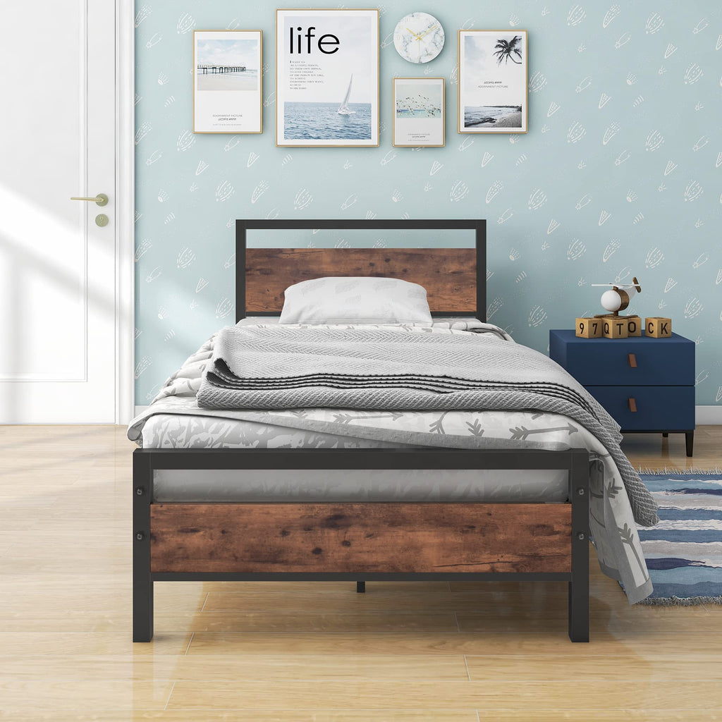 BOFENG 3ft Single Metal Bed Frame | Heavy Duty Platform with Wood Headboard