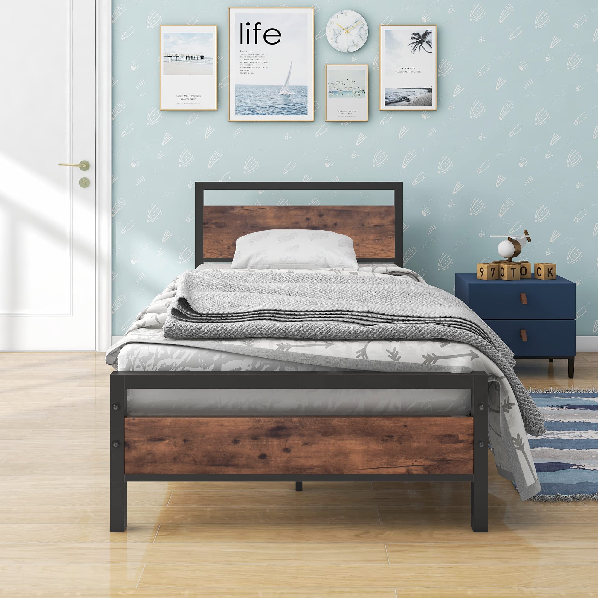 BOFENG 3ft Single Metal Bed Frame | Heavy Duty Platform with Wood Headboard