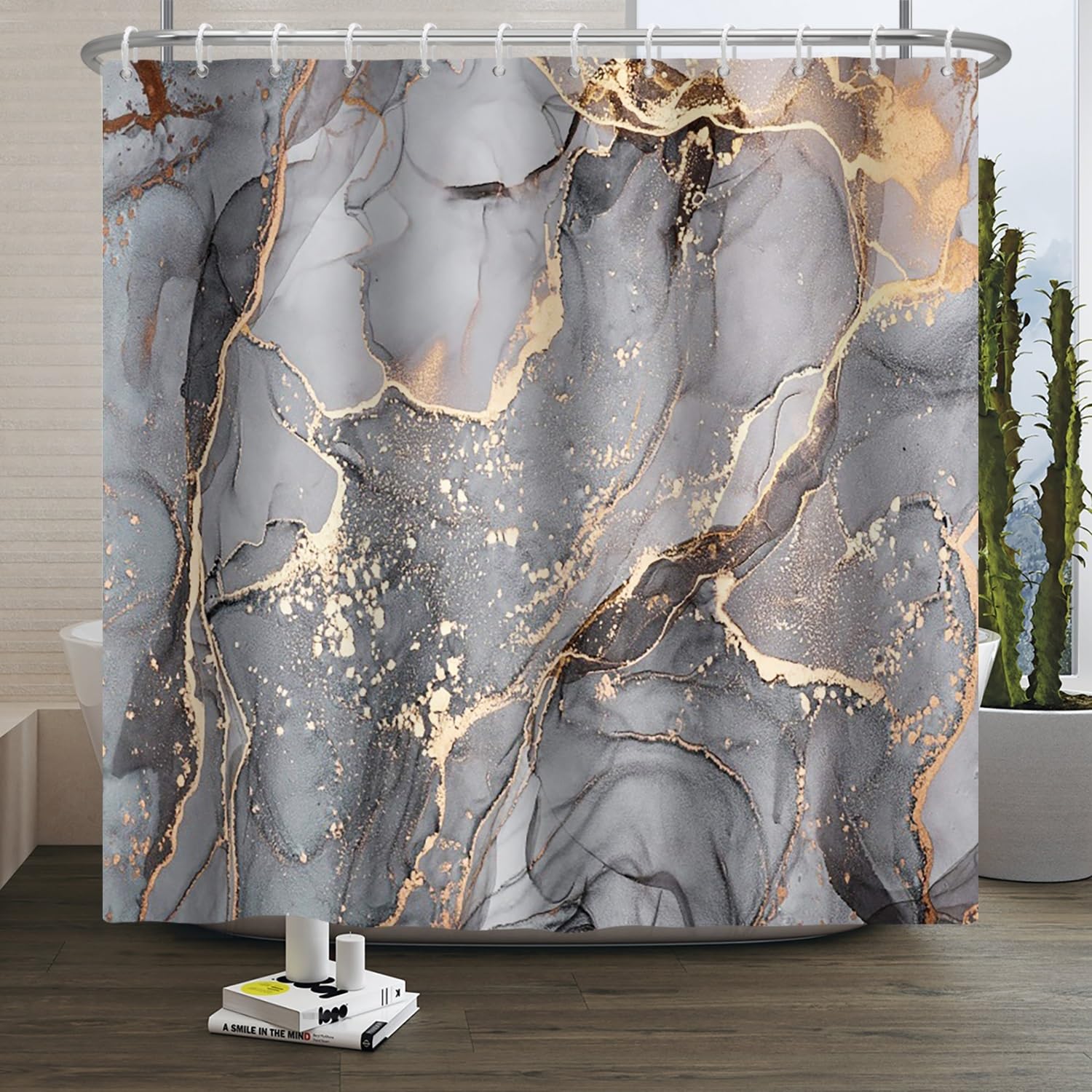 Jolof Store Marble Shower Curtain – Grey & Gold Waterproof Polyester