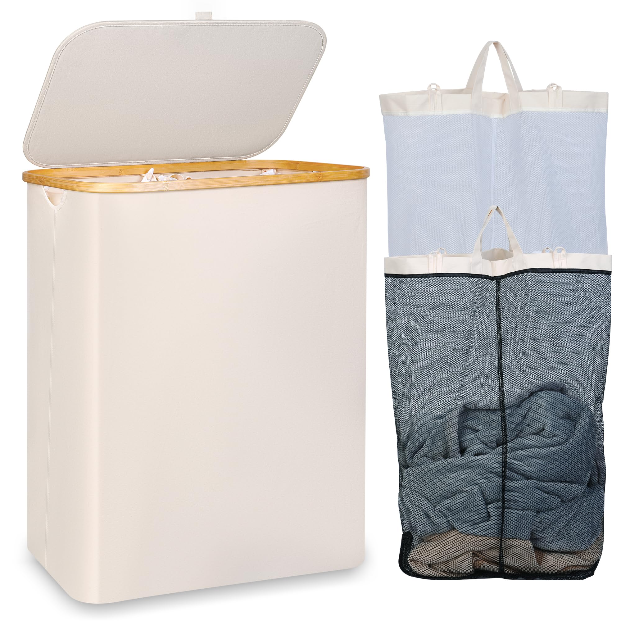 iEGrow 150L Double Laundry Basket with Lid and Bamboo Handles – Beige