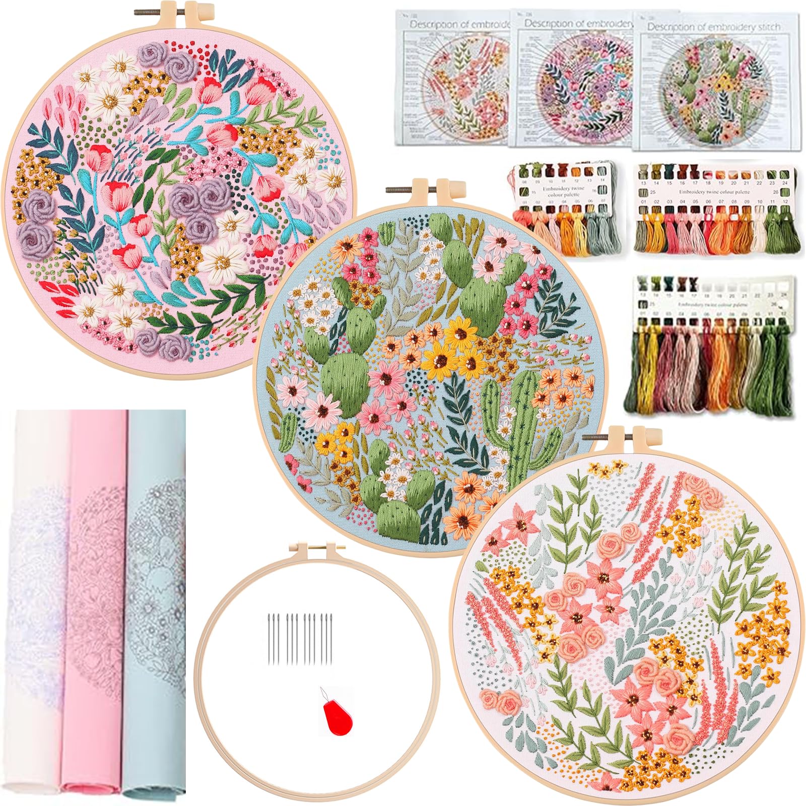 Smart-Feather 3 Pcs Flower Embroidery Kit for Beginners with Hoop