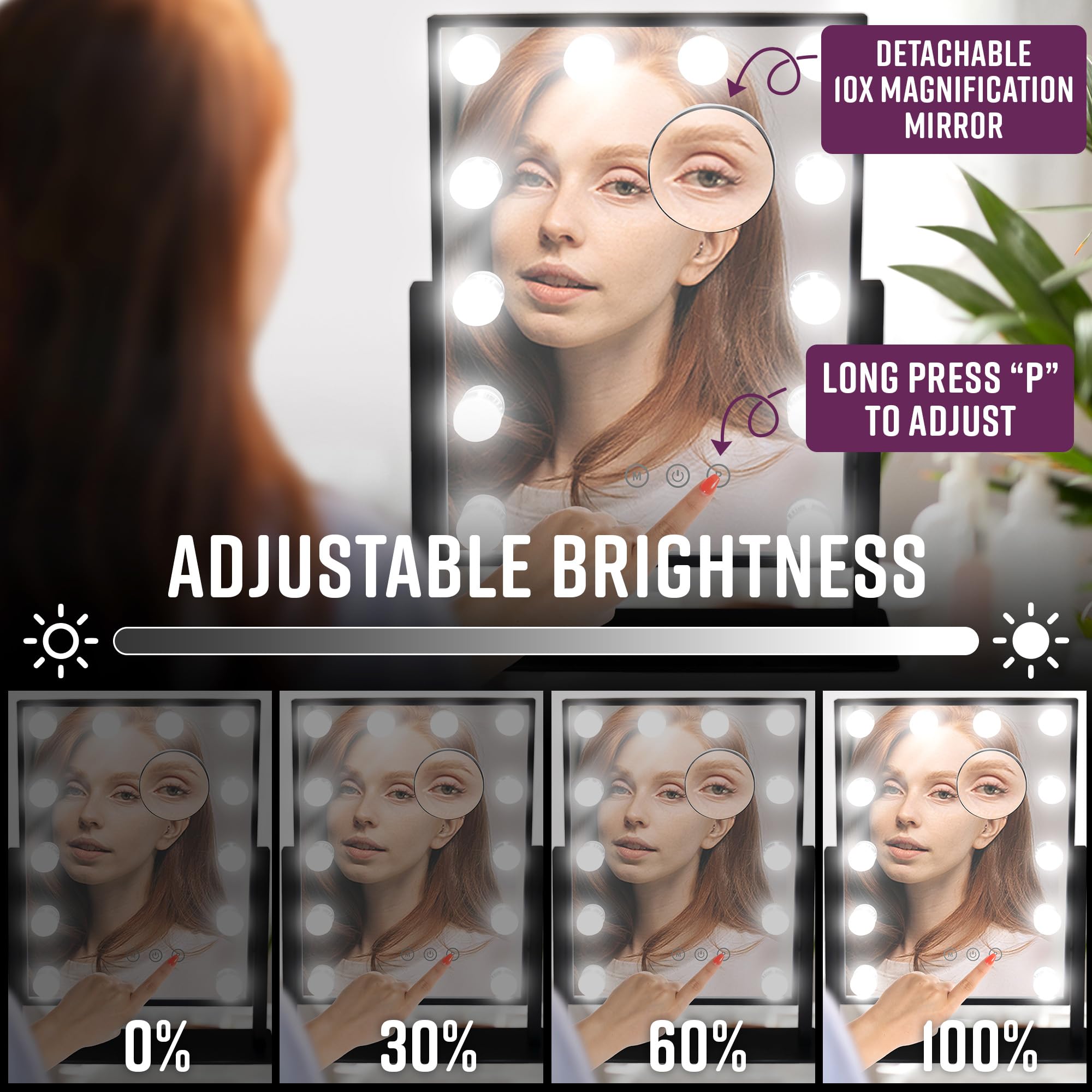 GloBrite Hollywood Vanity Mirror with 12 LED Bulbs – 3 Light Modes, Black