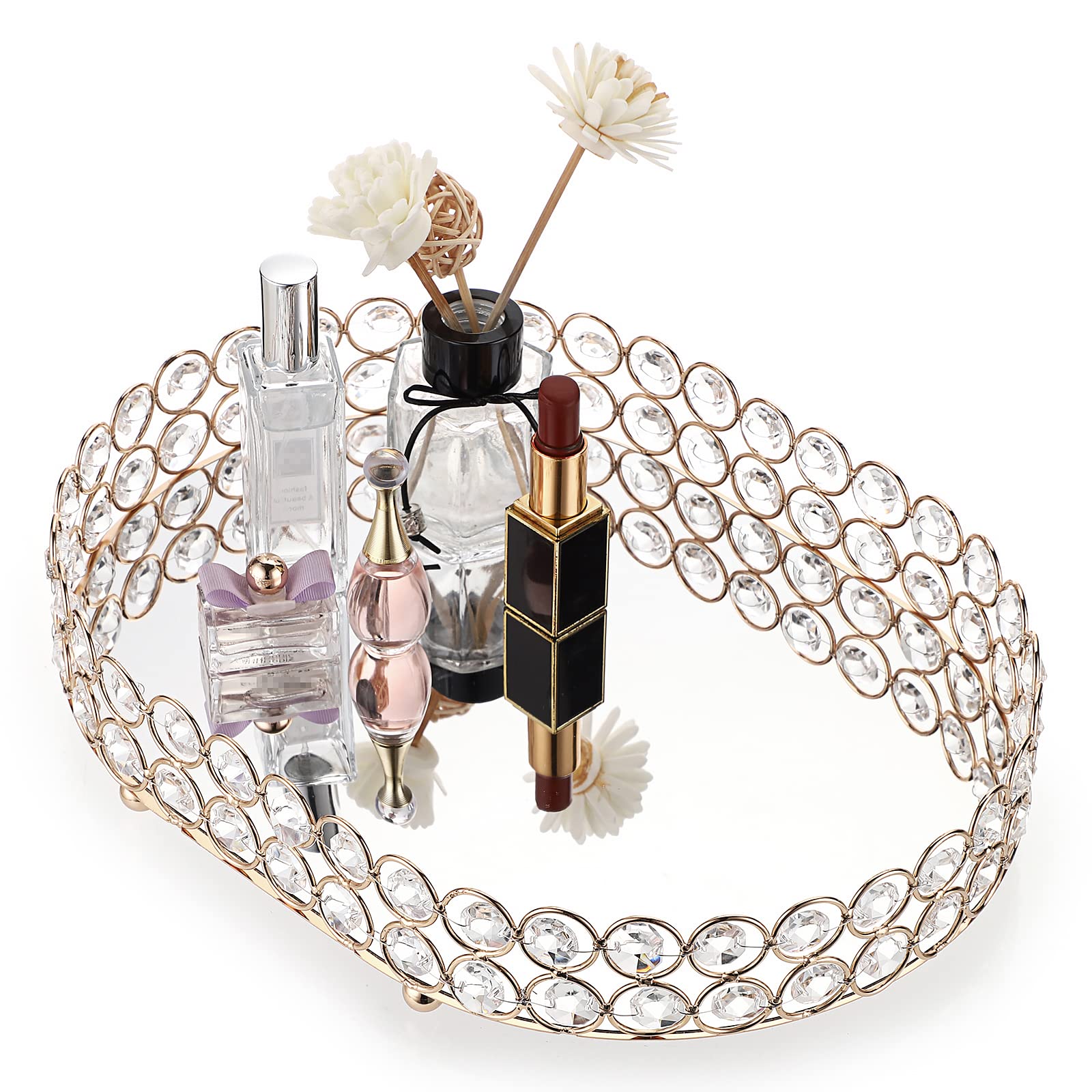 Gold Crystal Vanity Mirror Tray – Oval Glass Perfume Organizer