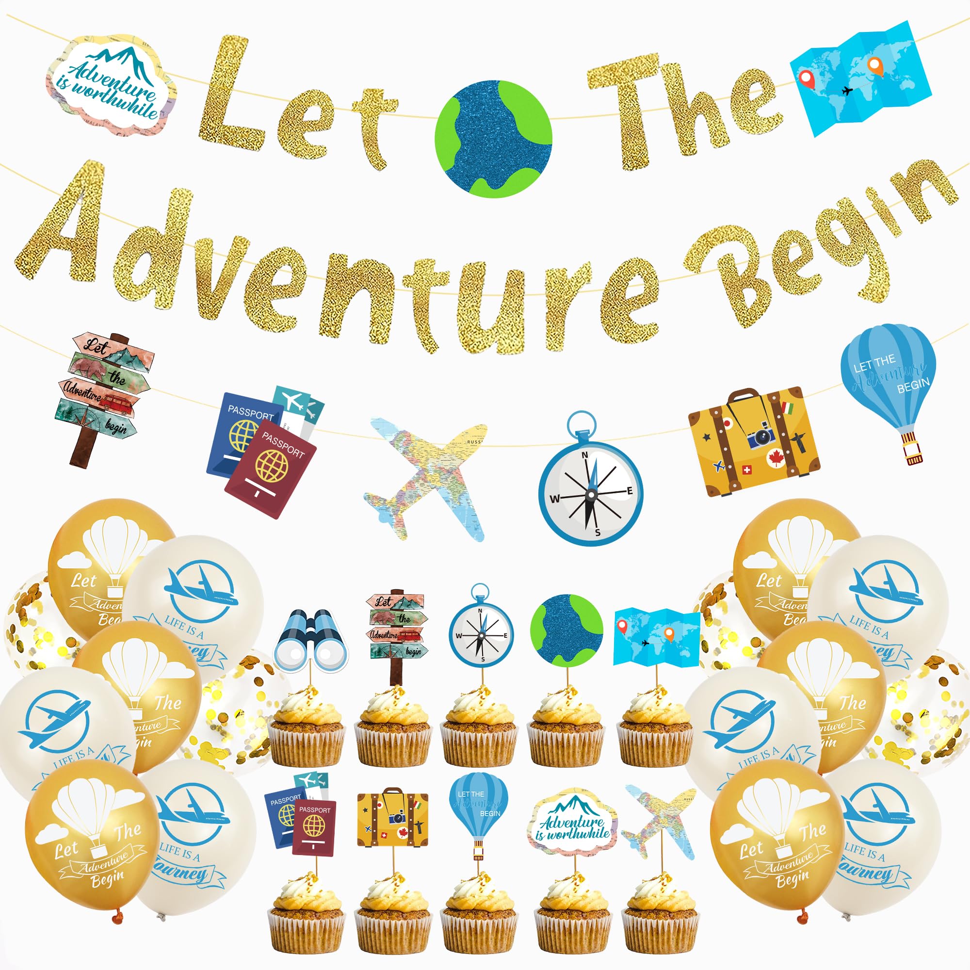 Bon Voyage Party Decorations – 27pc Gold Adventure Banner Set