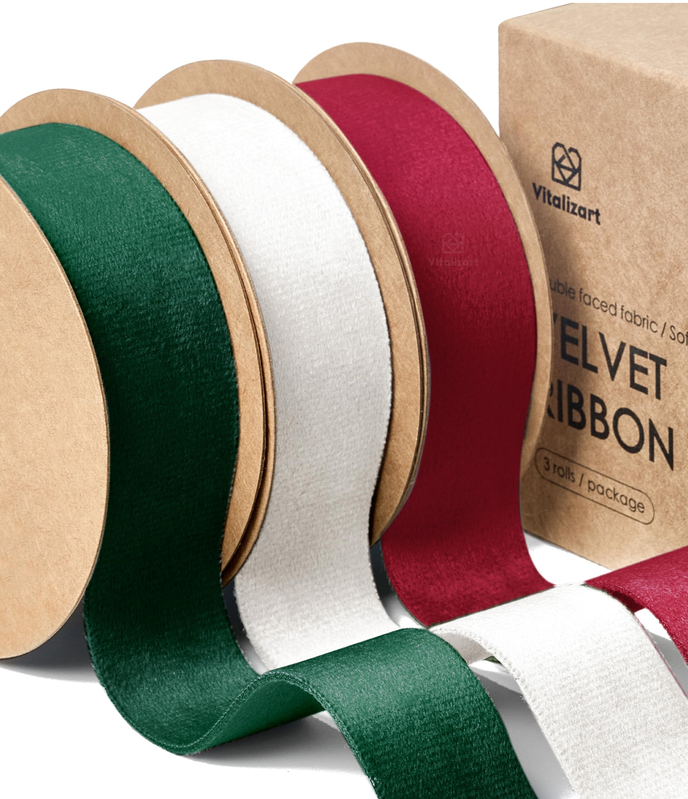 Vitalizart Double Faced Velvet Ribbon Set - 1 Inch x 15 Yards - 3 Colors