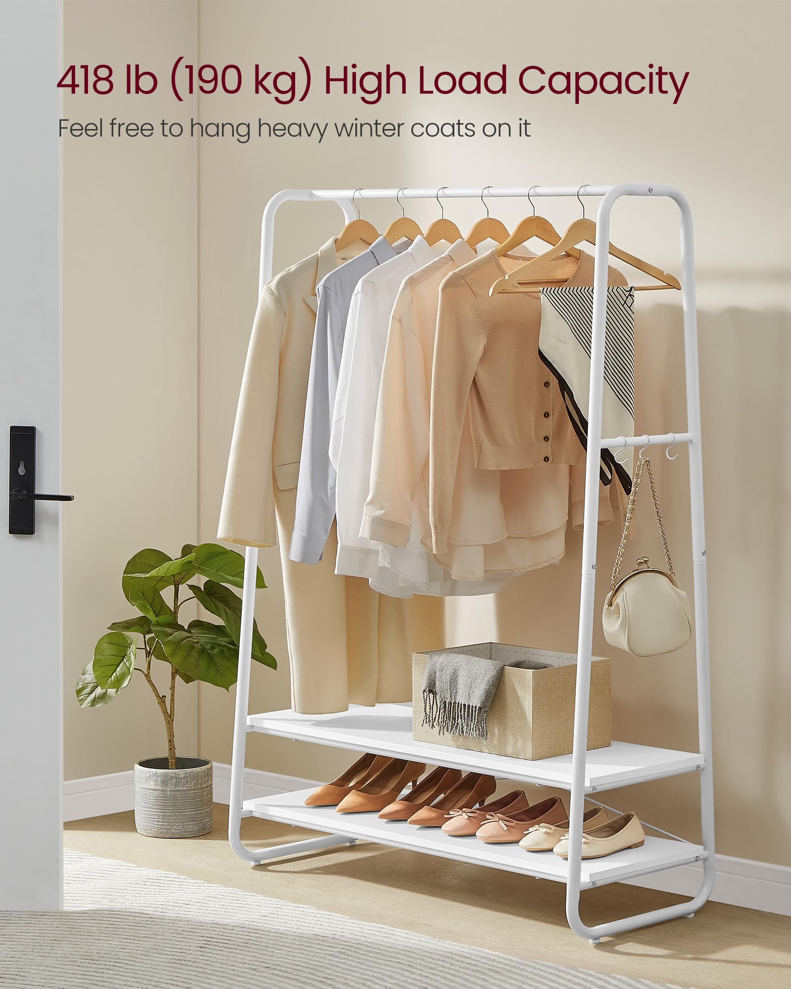 VASAGLE Clothes Rail | Steel Garment Rack with 2 Shelves | Cloud White