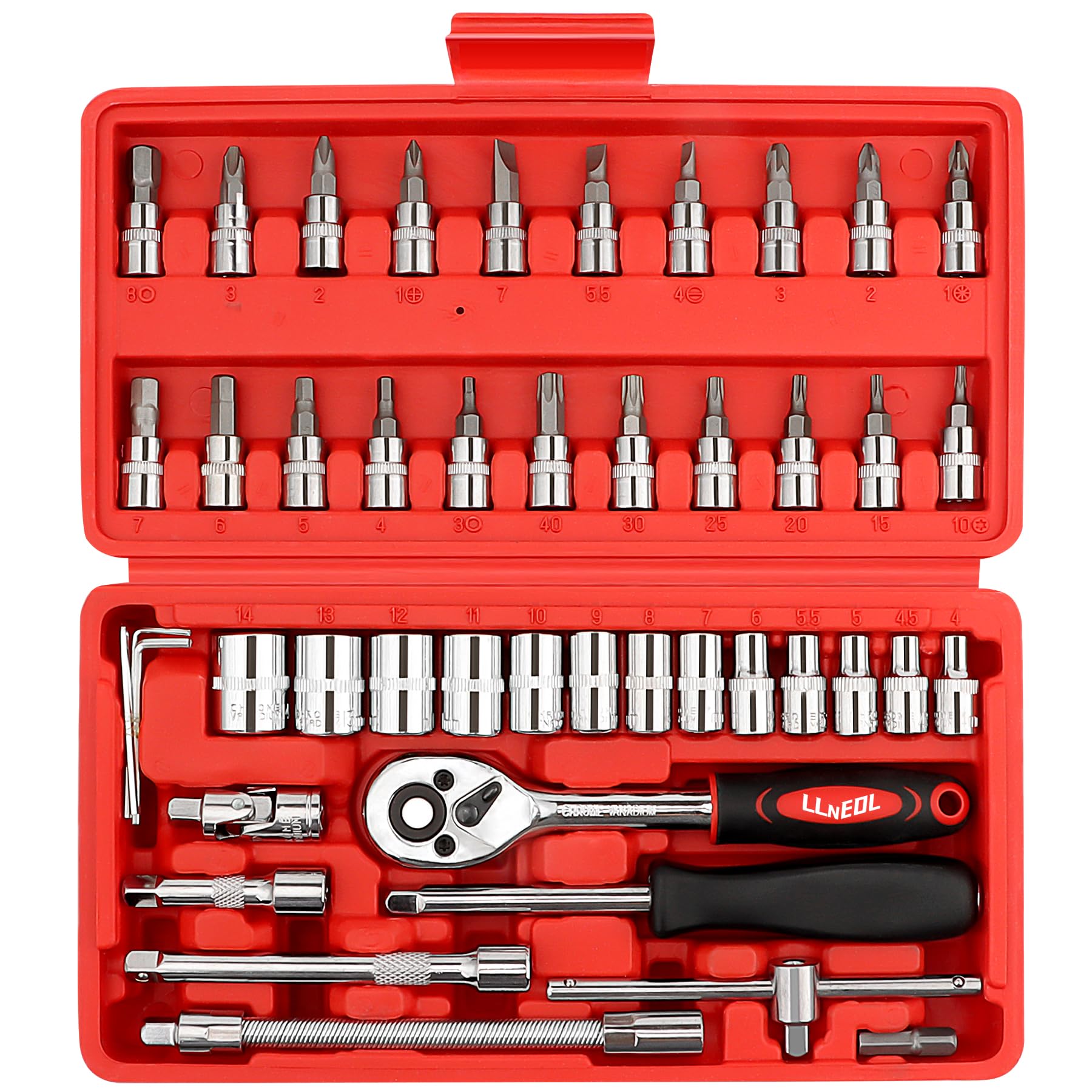 LLNEDL 46-Piece 1/4" Drive Socket Set | Metric Ratchet Wrench Tool Kit
