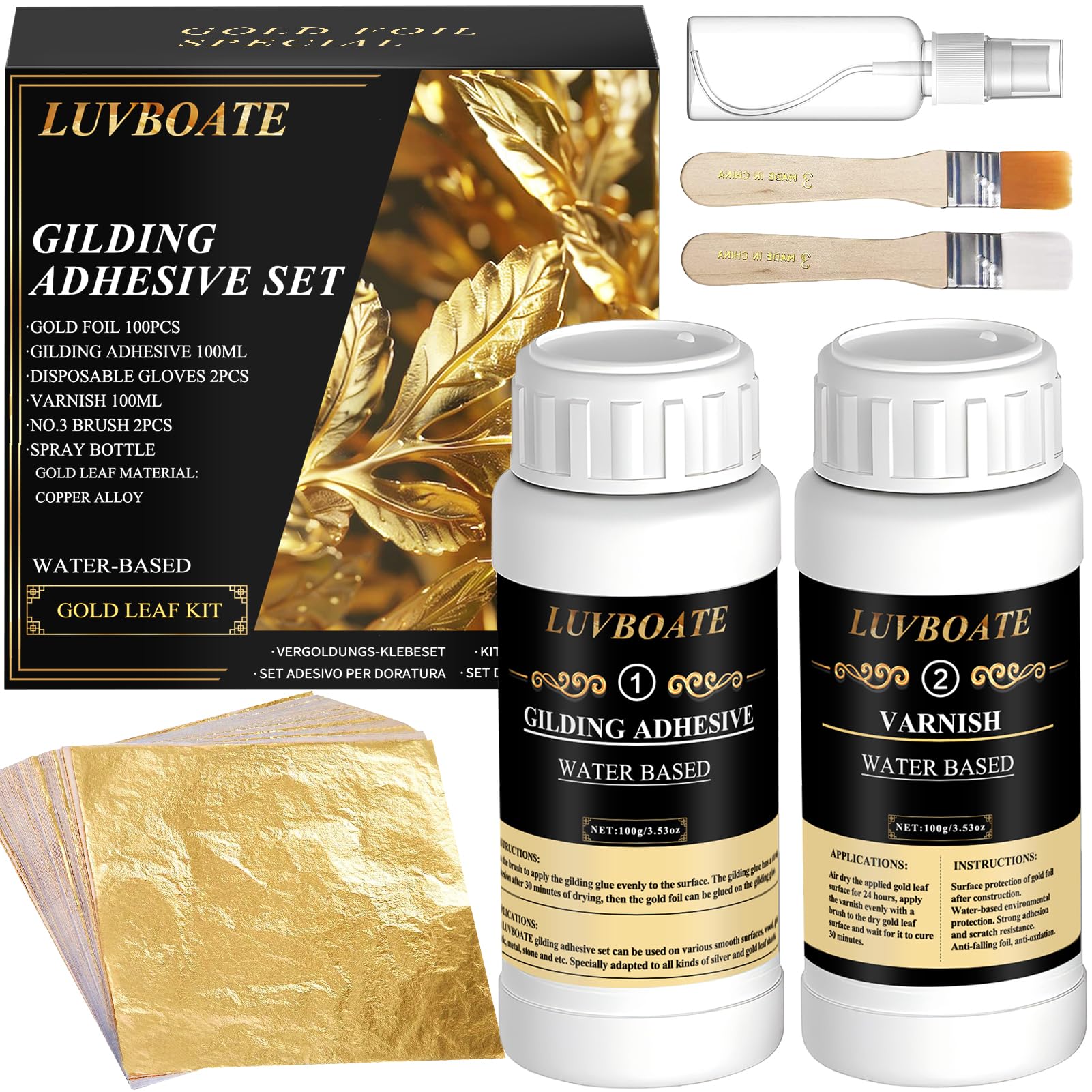 LUVBOATE Gold Leaf Kit – Water Based Gilding Adhesive Set with 100 Sheets