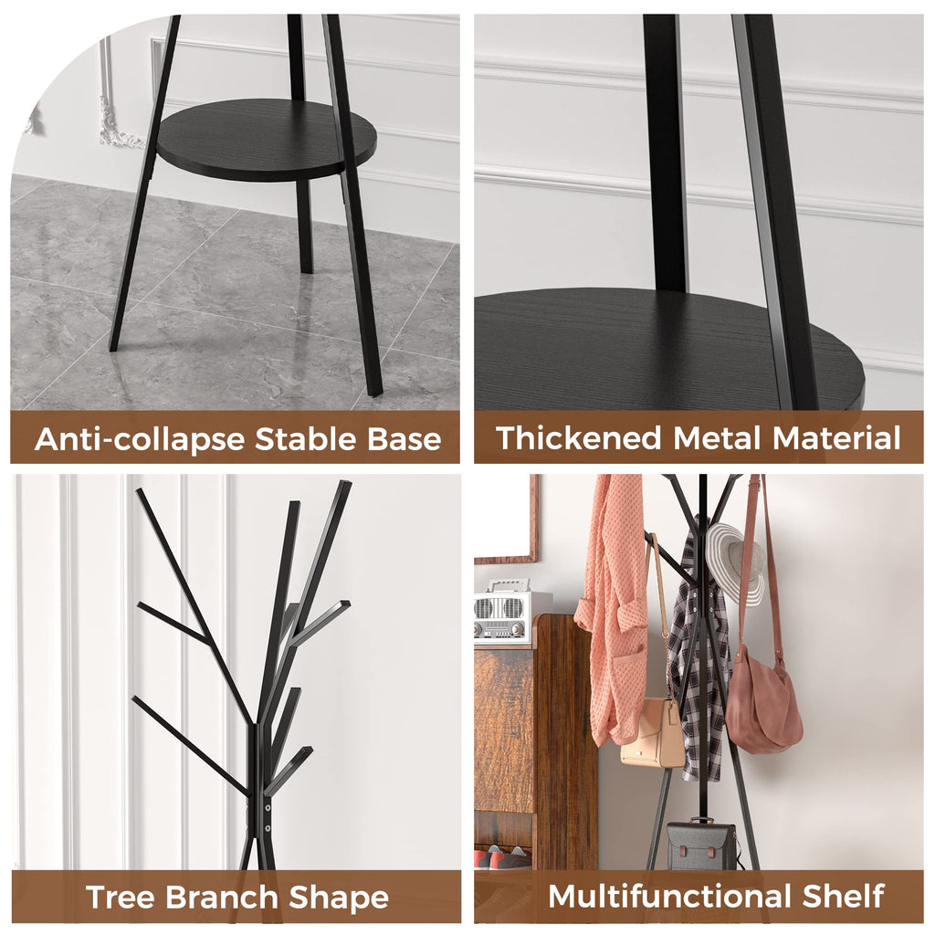 HOME BI Coat Rack Stand, Entryway Standing Coat Tree,Hat Stand Coat Hanger with 9 Hooks for Holding Jacket, Handbag, Clothes, Hats, and Scarves, Black - image 3