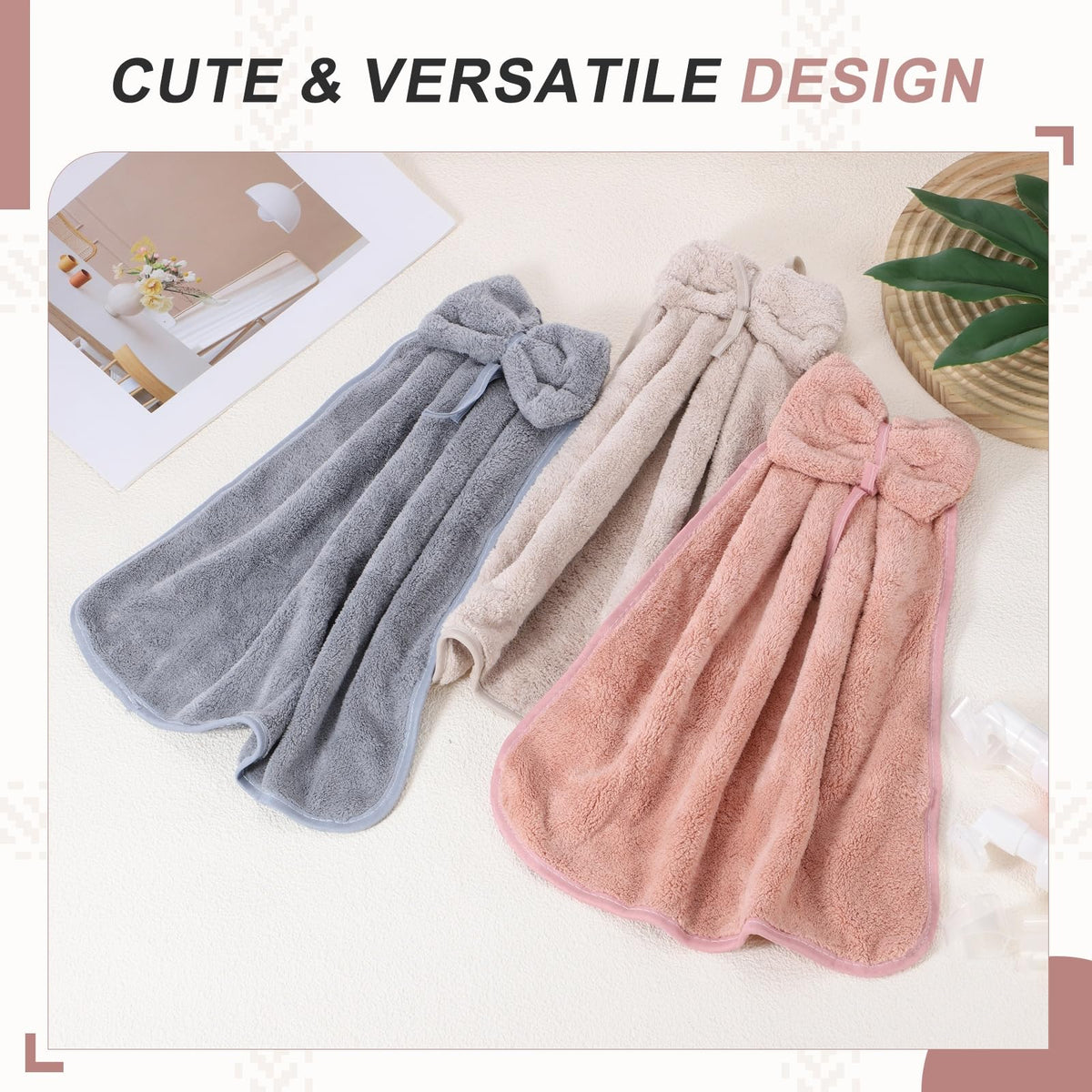 sourcing map 2Pcs Bow Hand Towels with Hanging Loop, 14.2" x 12.2" Soft Coral Fleece Microfiber Bowknot Hanging Hand Dry Towels Quick Dry and - image 4