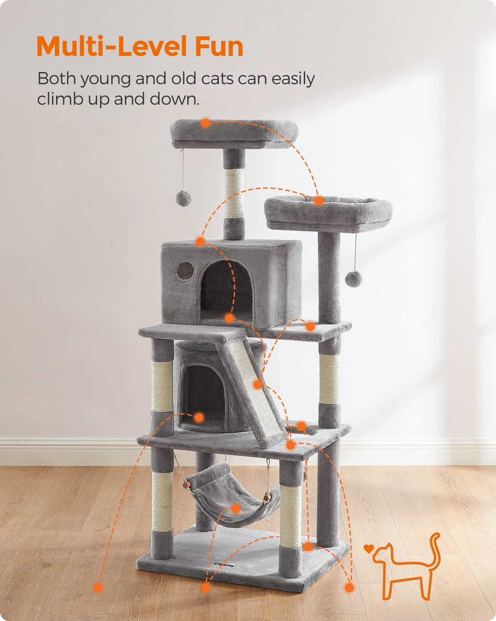 FEANDREA 155cm Cat Tree Tower with 2 Caves & Scratching Board - Light Grey