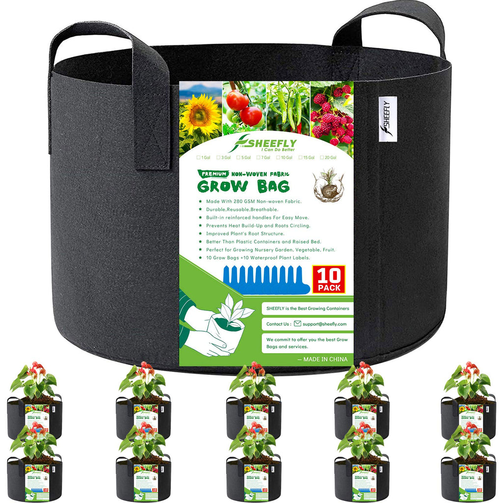 SHEEFLY 15 Gallon Grow Bags - 10 Pack Non-Woven Fabric Pots with Handles