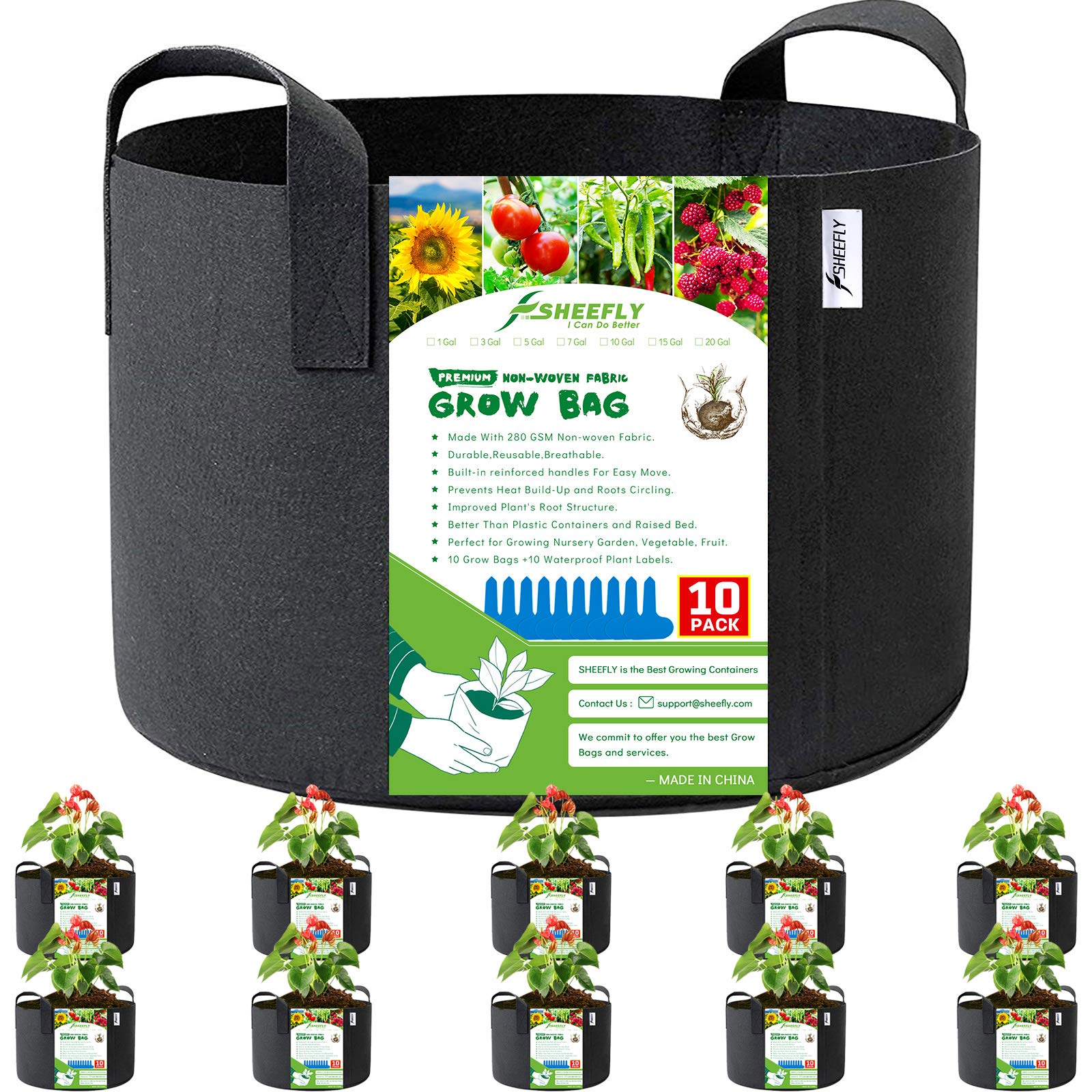 SHEEFLY 15 Gallon Grow Bags - 10 Pack Non-Woven Fabric Pots with Handles
