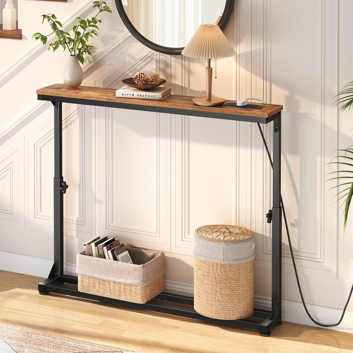 HOOBRO Slim Console Table with Adjustable Height 63.5-83.5 cm, Behind Sofe Table with Charging Station, 100 cm Narrow Console Table for Hallway