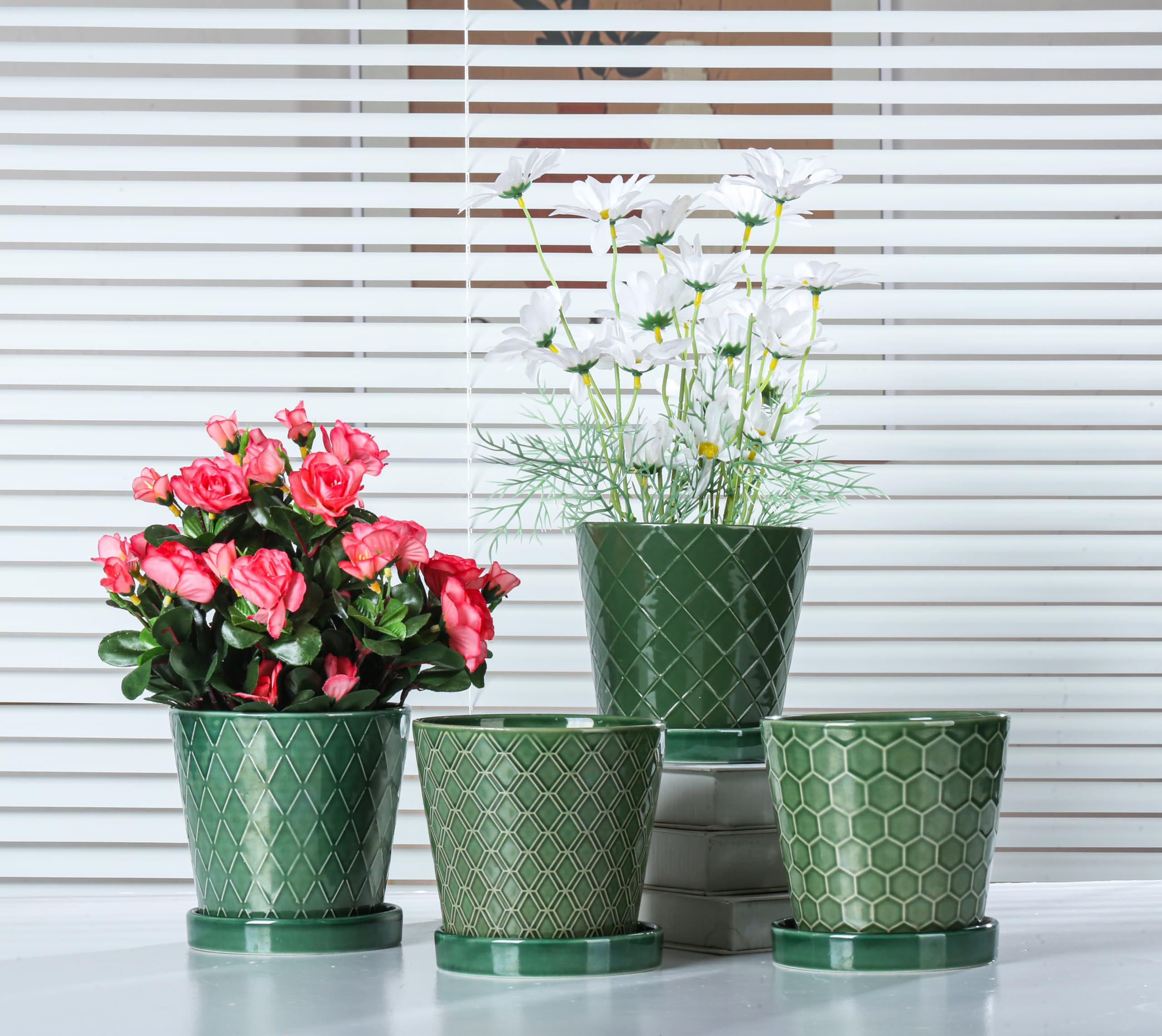 Jolof Store 5-Inch Ceramic Plant Pots with Drainage Hole and Tray – 4 Pack