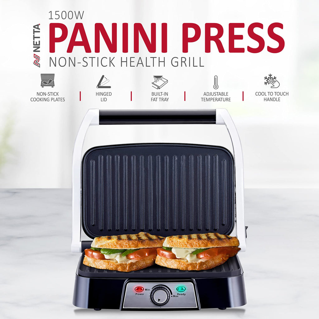 NETTA 1500W Panini Maker & Health Grill – Non-Stick Stainless Steel