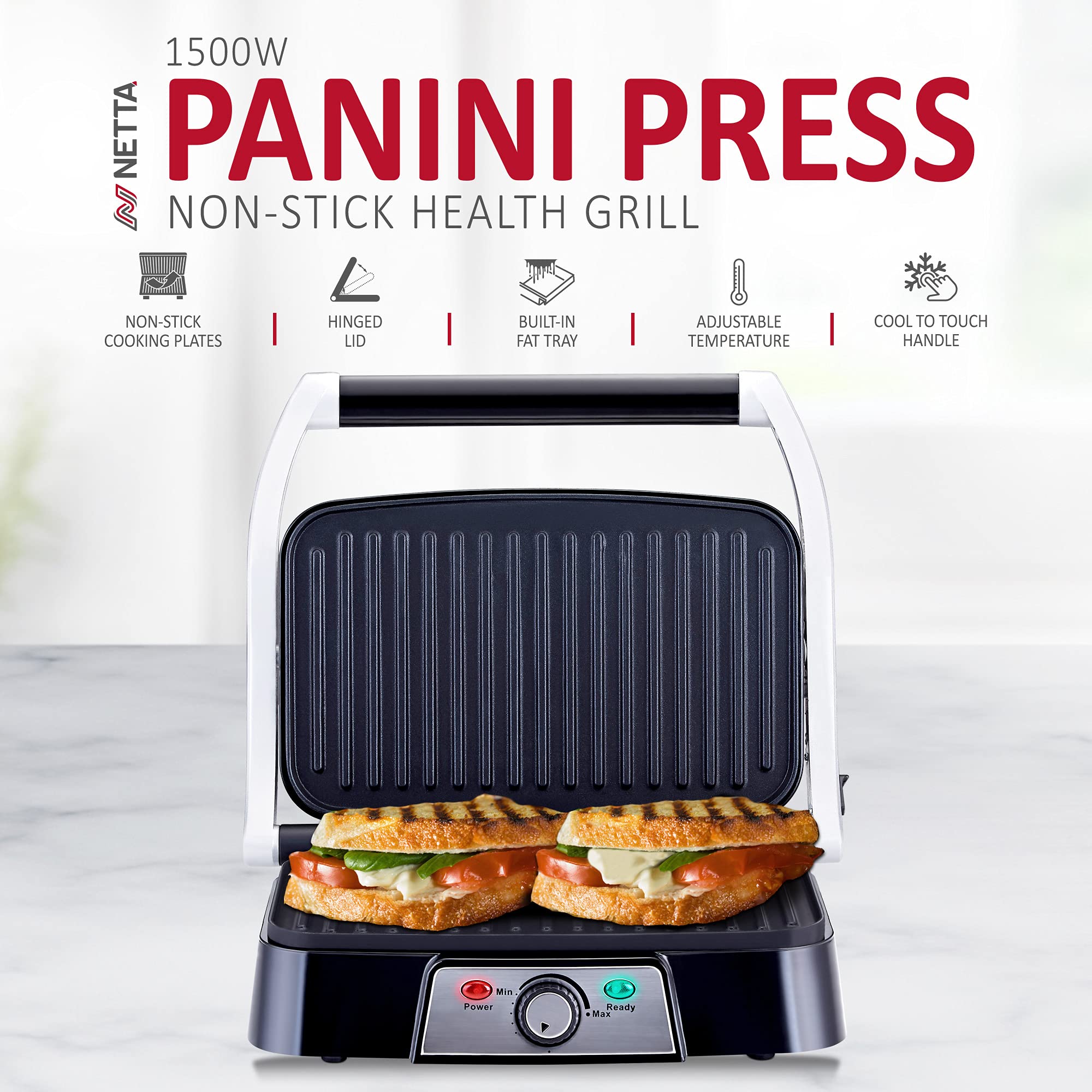 NETTA 1500W Panini Maker & Health Grill – Non-Stick Stainless Steel