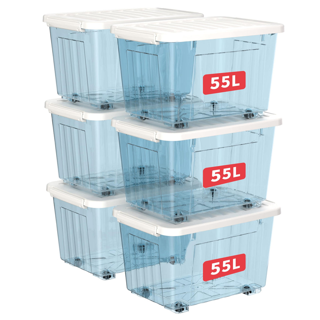 Cetomo 55L Plastic Storage Boxes with Wheels | Clear Stackable Bins, 6-Pack