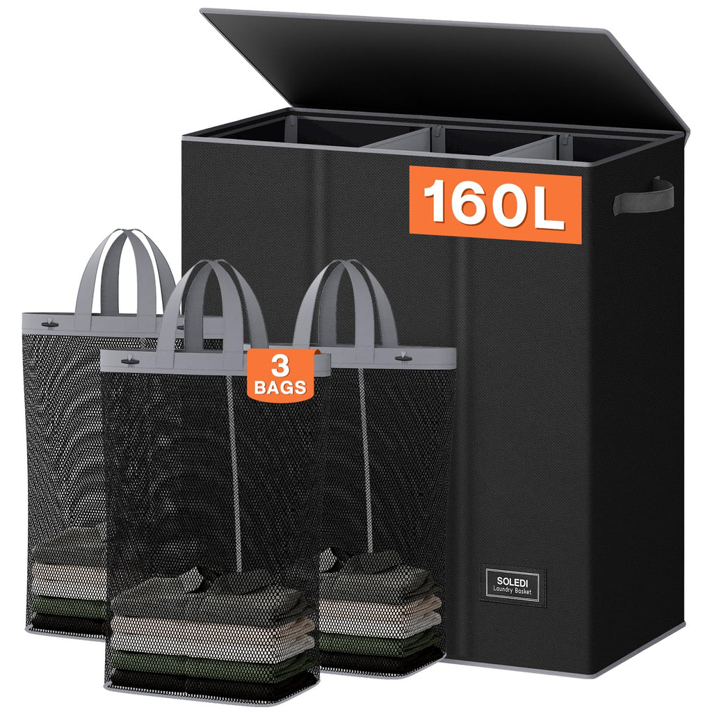 SOLEDI 160L 3-Section Laundry Hamper with Lid | Large Collapsible Sorter
