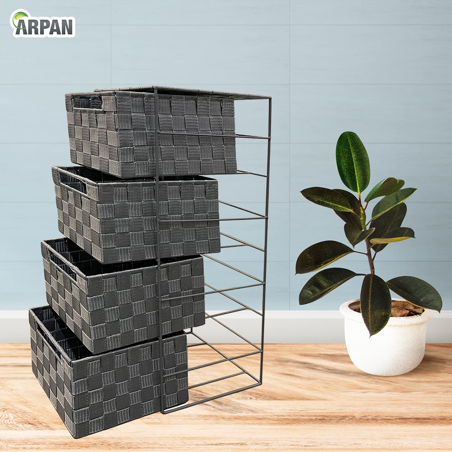 Arpan Grey 4 Drawer Storage Cabinet – Woven Nylon & Metal Frame Unit