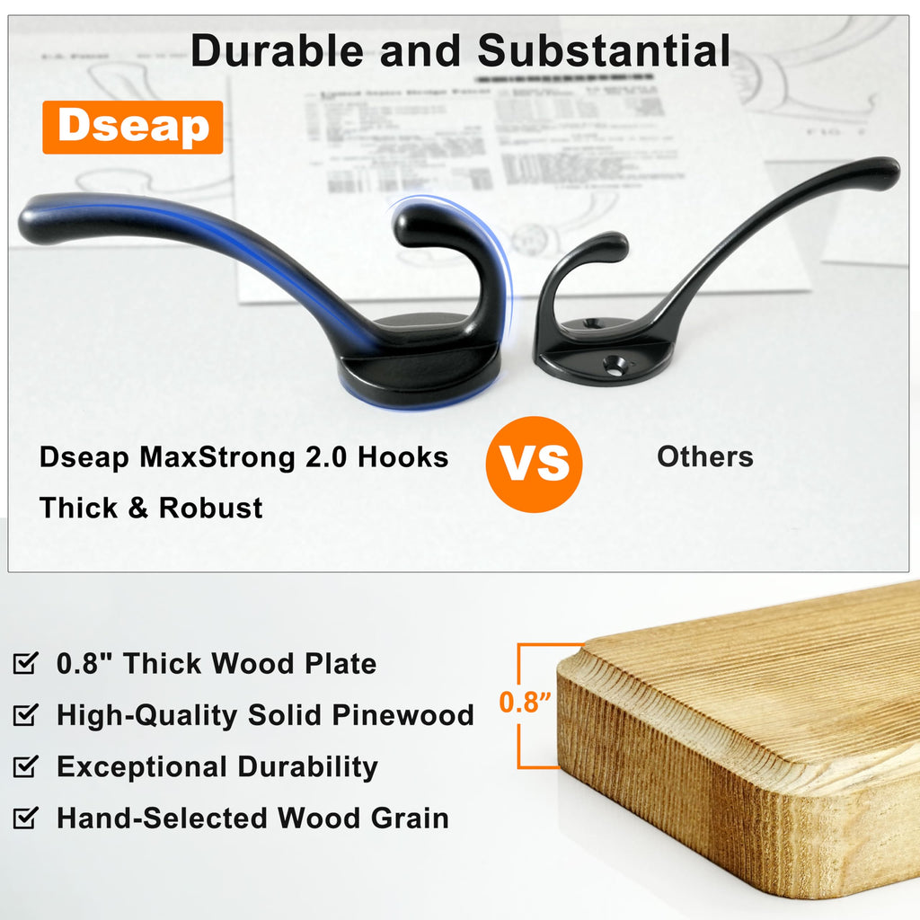 Dseap Heavy-Duty Wooden Wall Mounted Coat Rack - 97cm, 10 Hooks, 2 Pack
