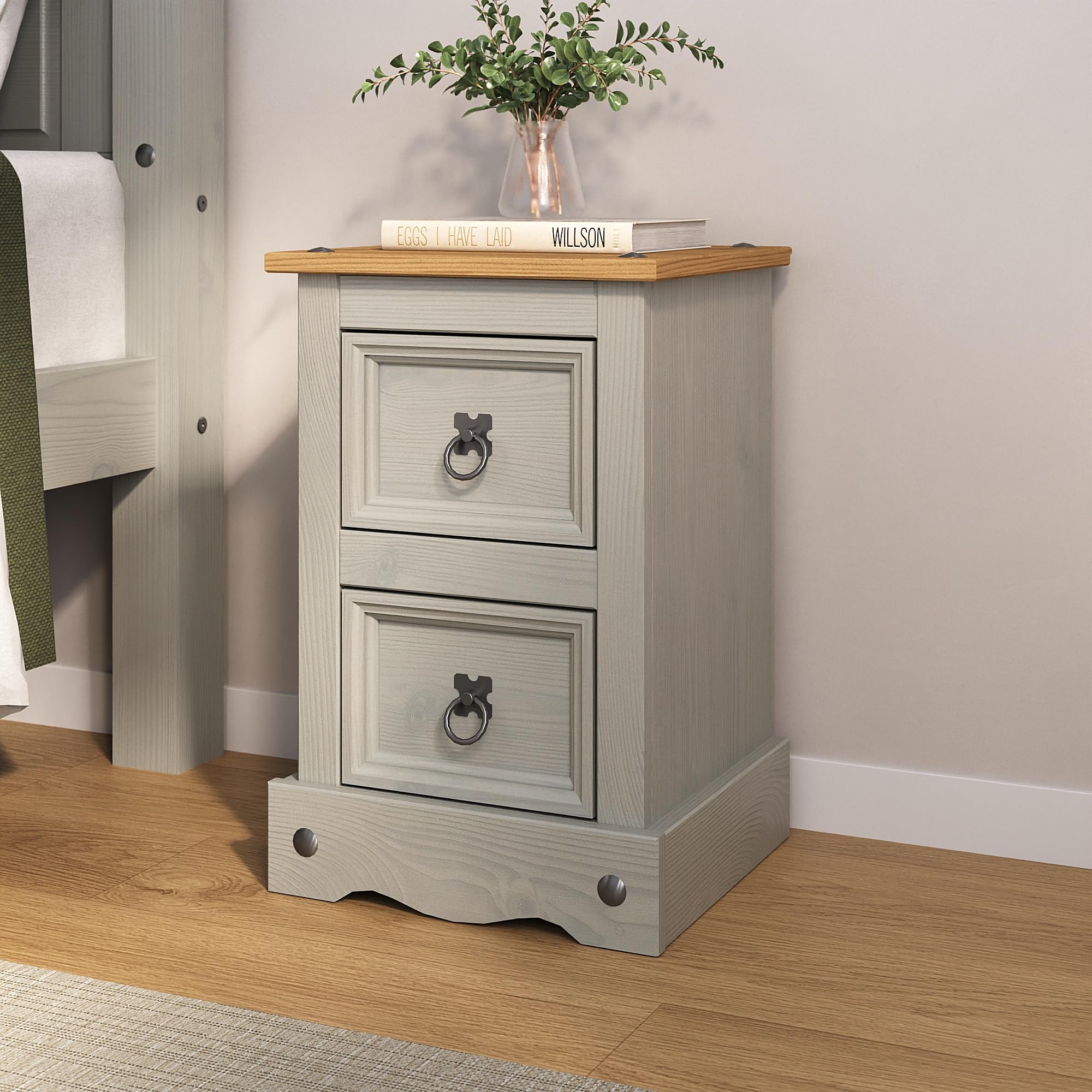 Corona Bedside Table | 2 Drawer Grey Solid Pine Wood Mexican Style