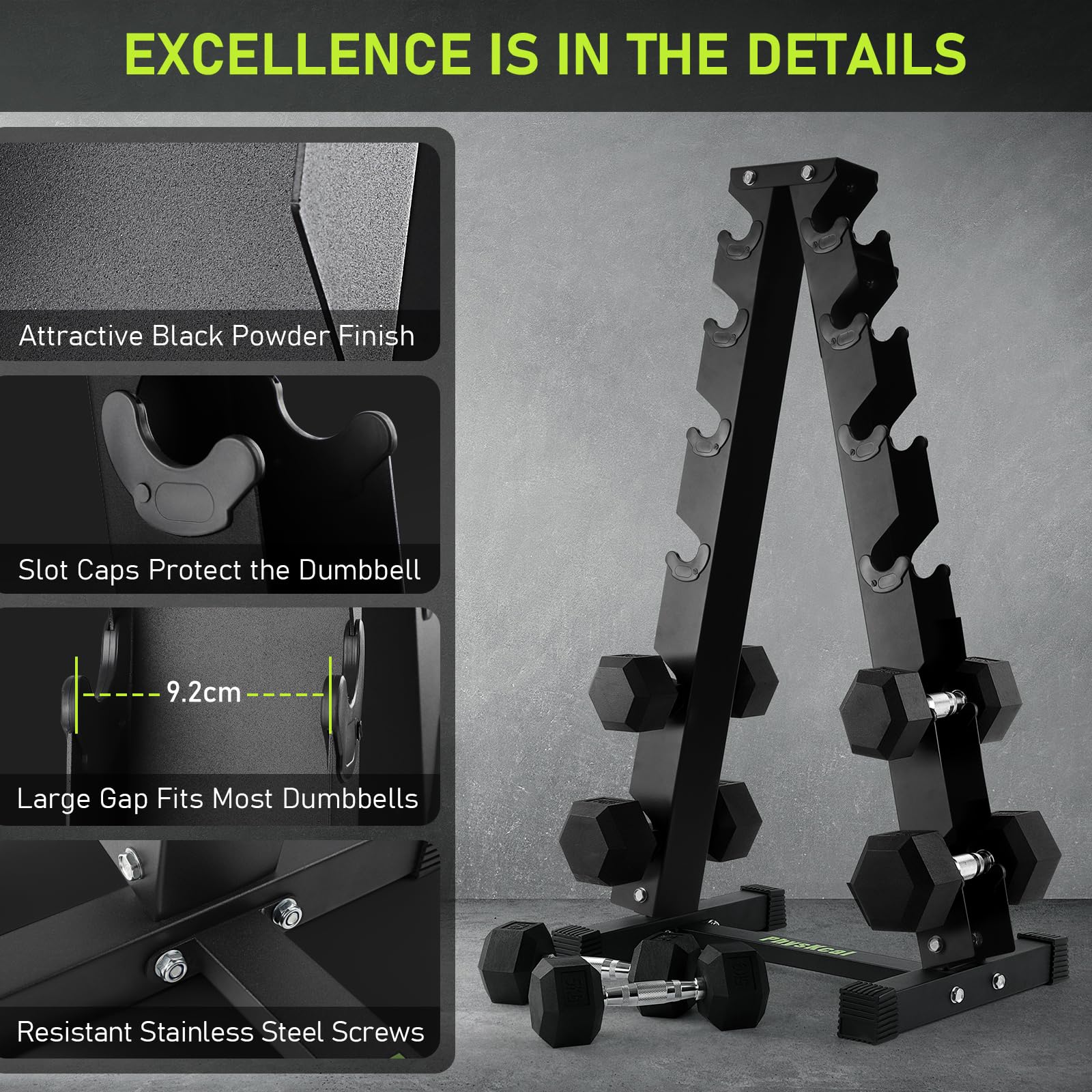 PhysKcal 6-Tier Dumbbell Rack - Heavy Duty Steel A-Frame Weight Stand