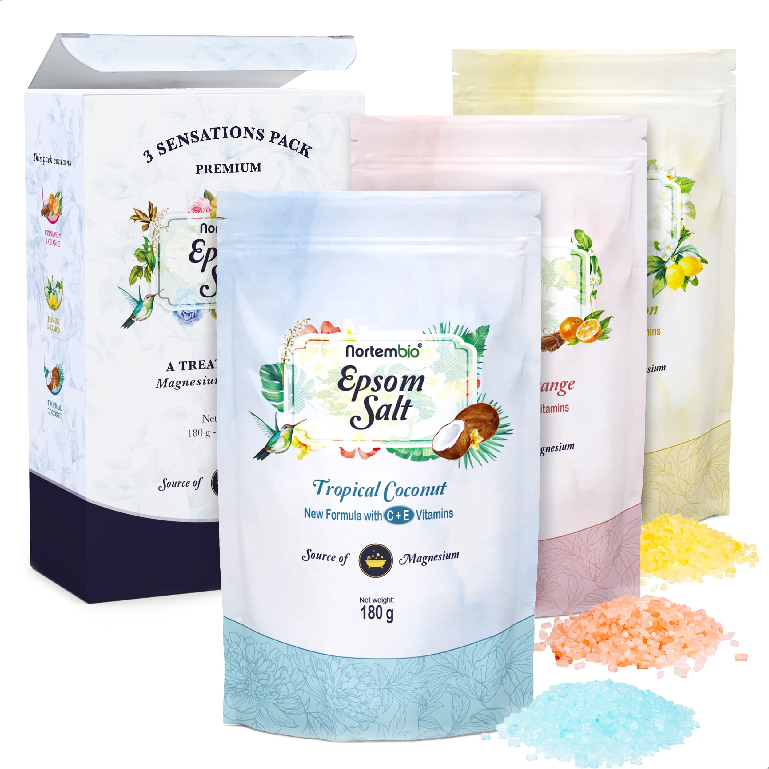 Nortembio Epsom Salt Gift Pack - Cinnamon, Jasmine & Rose - 3 x 180g