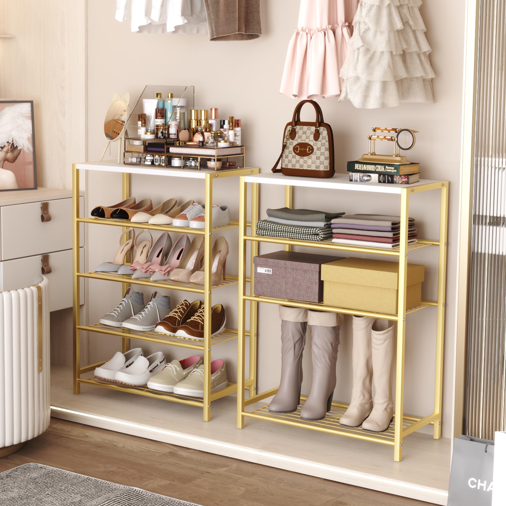HOME BI 5-Tier Metal Shoe Rack | Industrial Storage Organizer with MDF Top